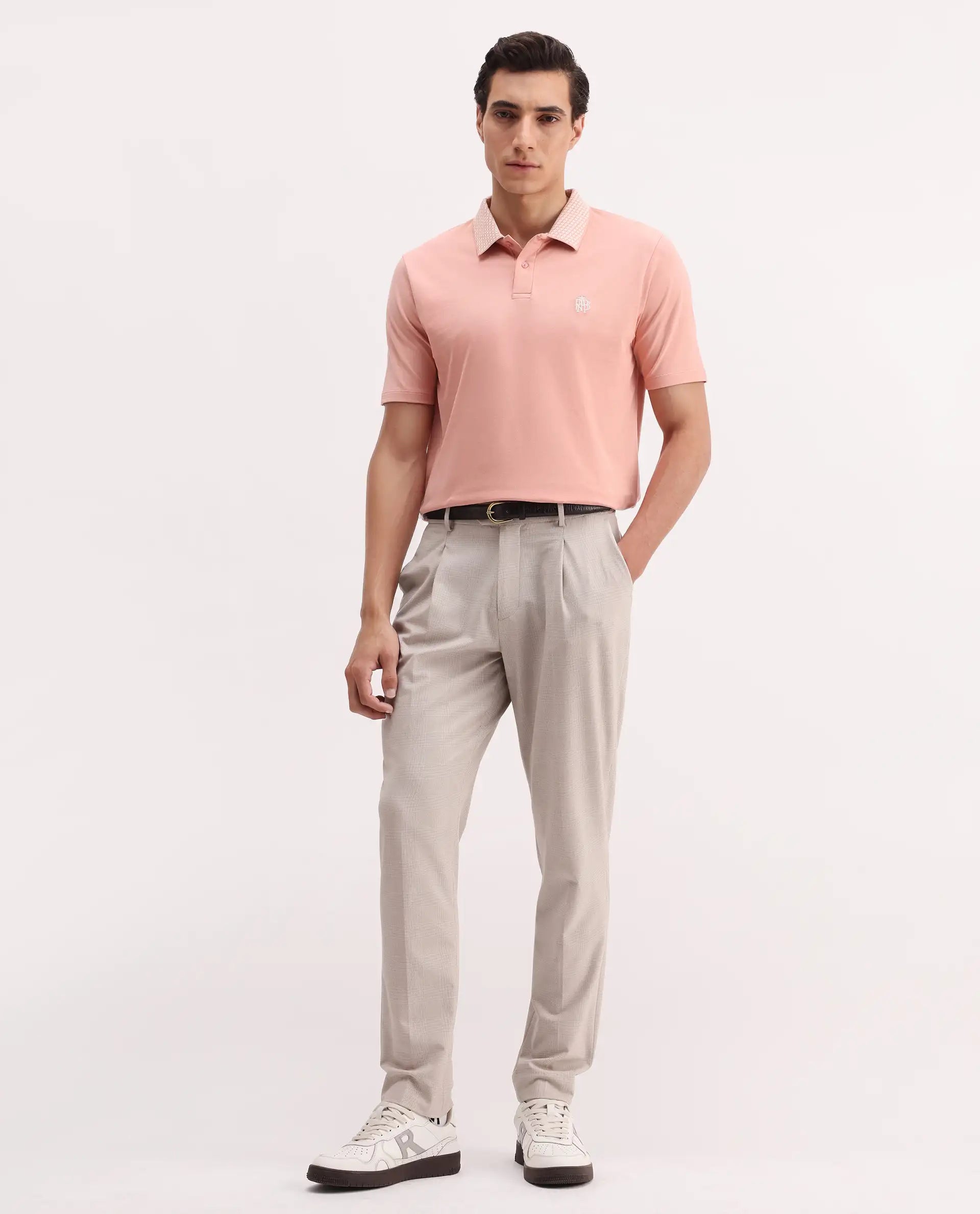 Rare Rabbit Men's Booth Light Peach Cotton Embroidered Regular Fit Half Sleeve Polo