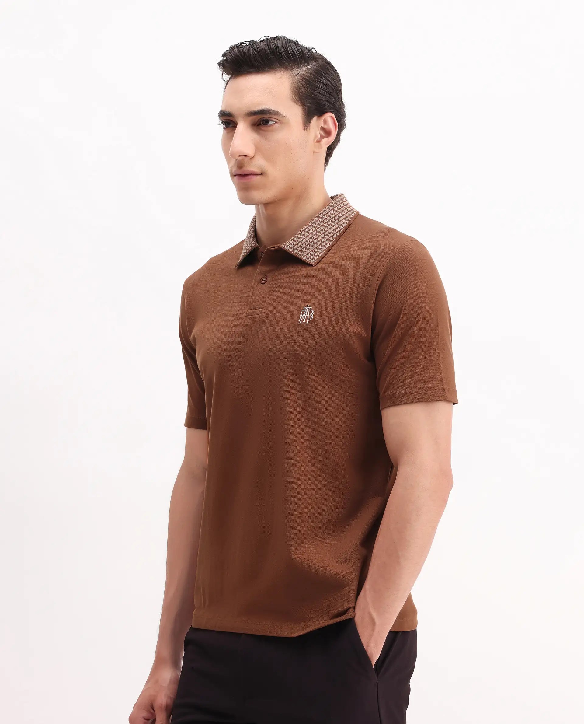 Rare Rabbit Men's Booth Rust Cotton Embroidered Regular Fit Half Sleeve Polo