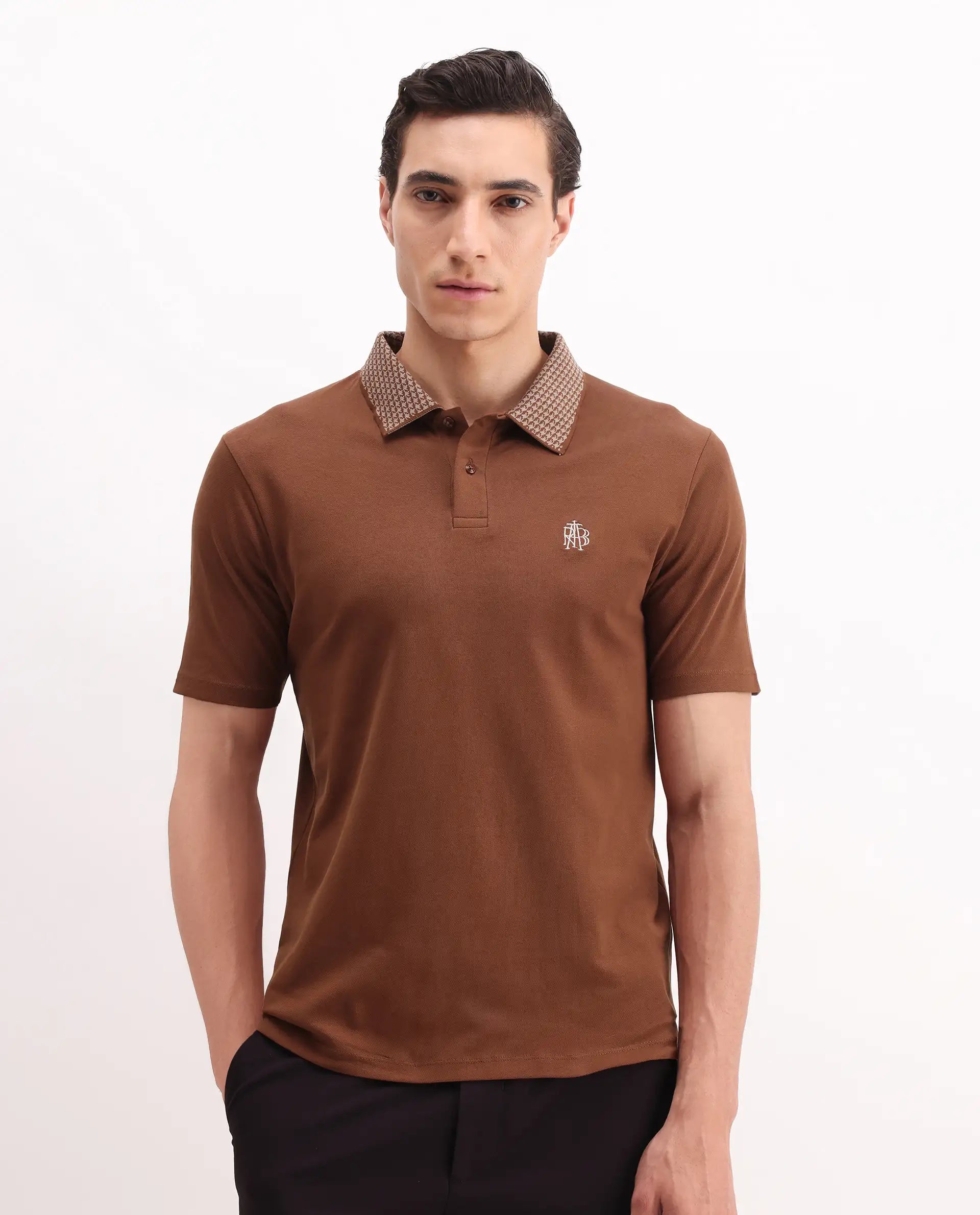 Rare Rabbit Men's Booth Rust Cotton Embroidered Regular Fit Half Sleeve Polo