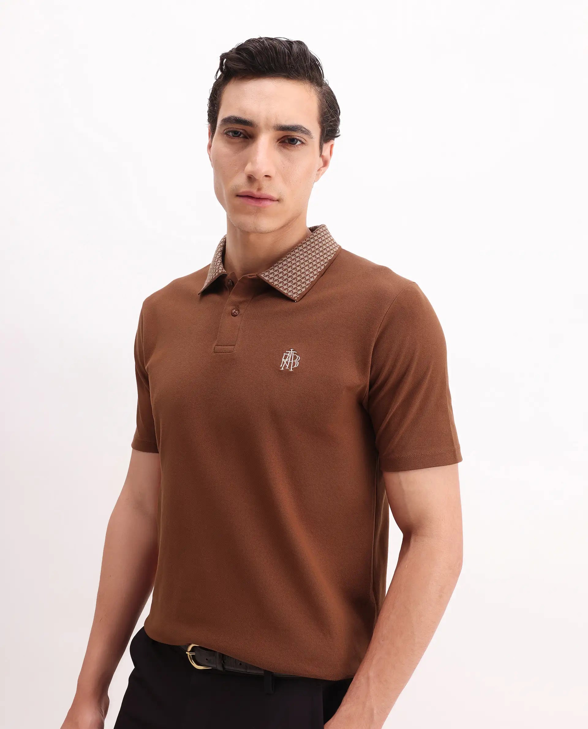 Rare Rabbit Men's Booth Rust Cotton Embroidered Regular Fit Half Sleeve Polo