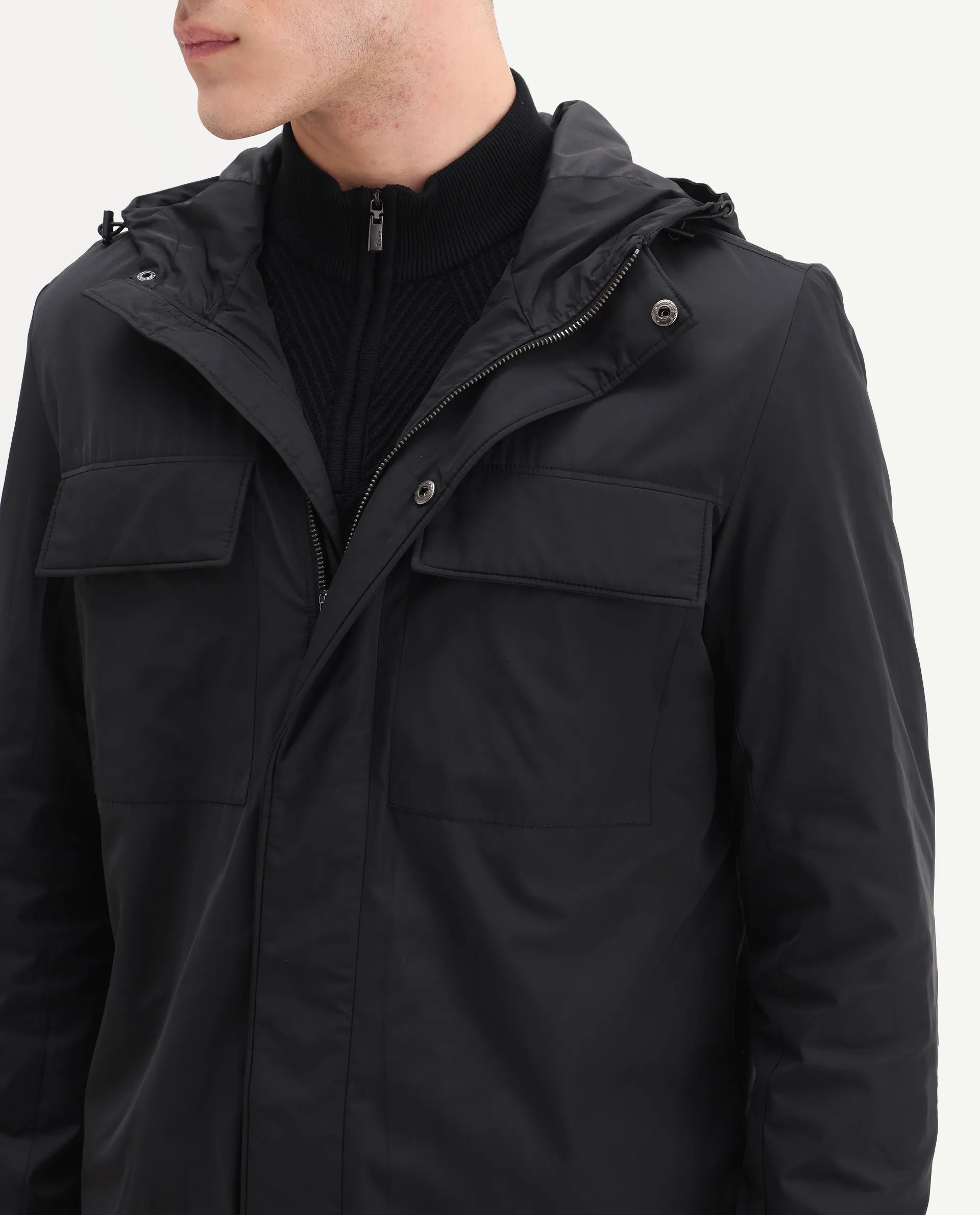 Rare Rabbit Men's Boqi Black Polyester Fabric Hooded Regular Fit Plain Jacket