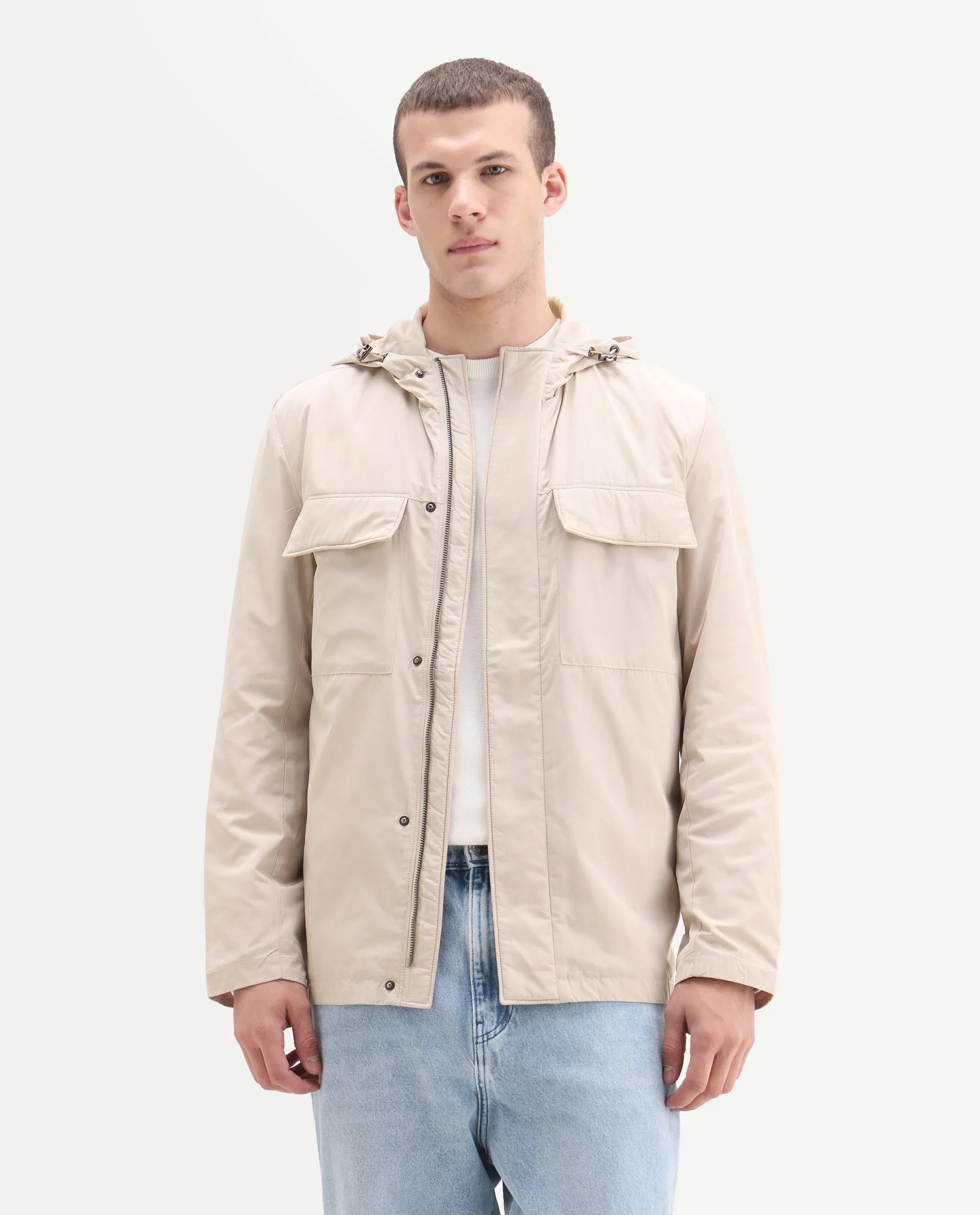 Rare Rabbit Men's Boqi Beige Polyester Fabric Hooded Regular Fit Plain Jacket