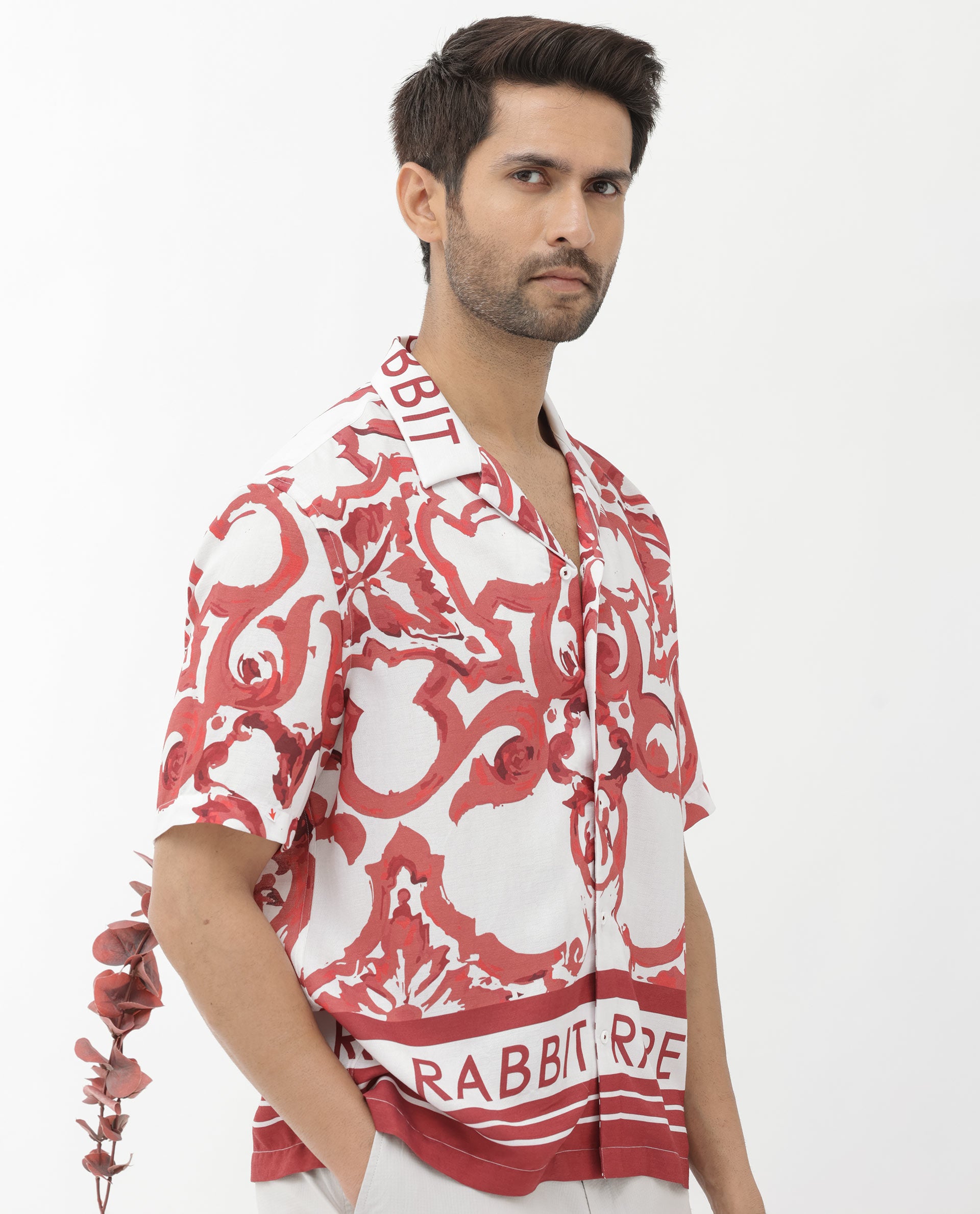 Rare Rabbit Mens Bordin Red Viscose Fabric Half Sleeves Cuban Collar Boxy Fit Abstract Print Shirt