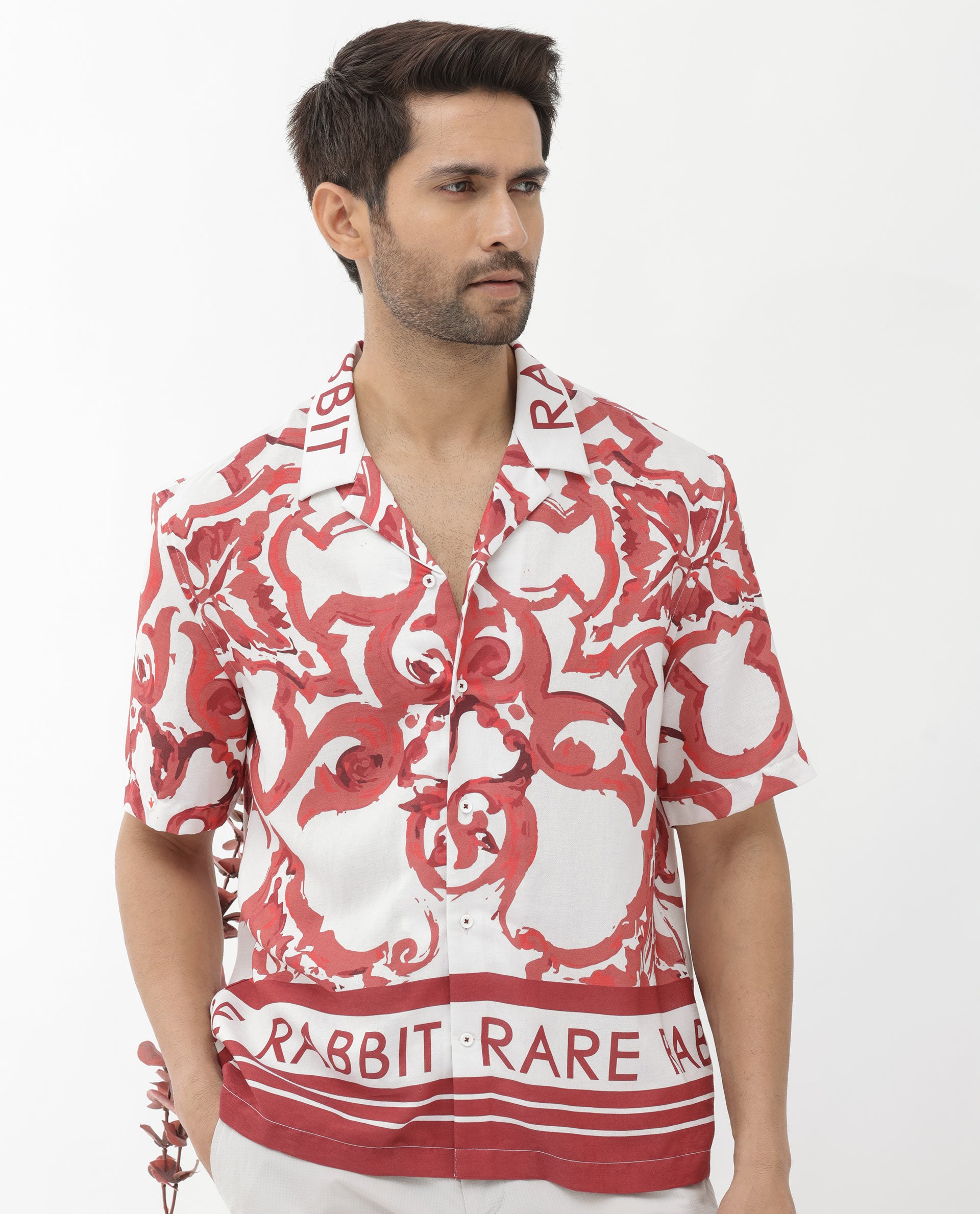 Rare Rabbit Mens Bordin Red Viscose Fabric Half Sleeves Cuban Collar Boxy Fit Abstract Print Shirt