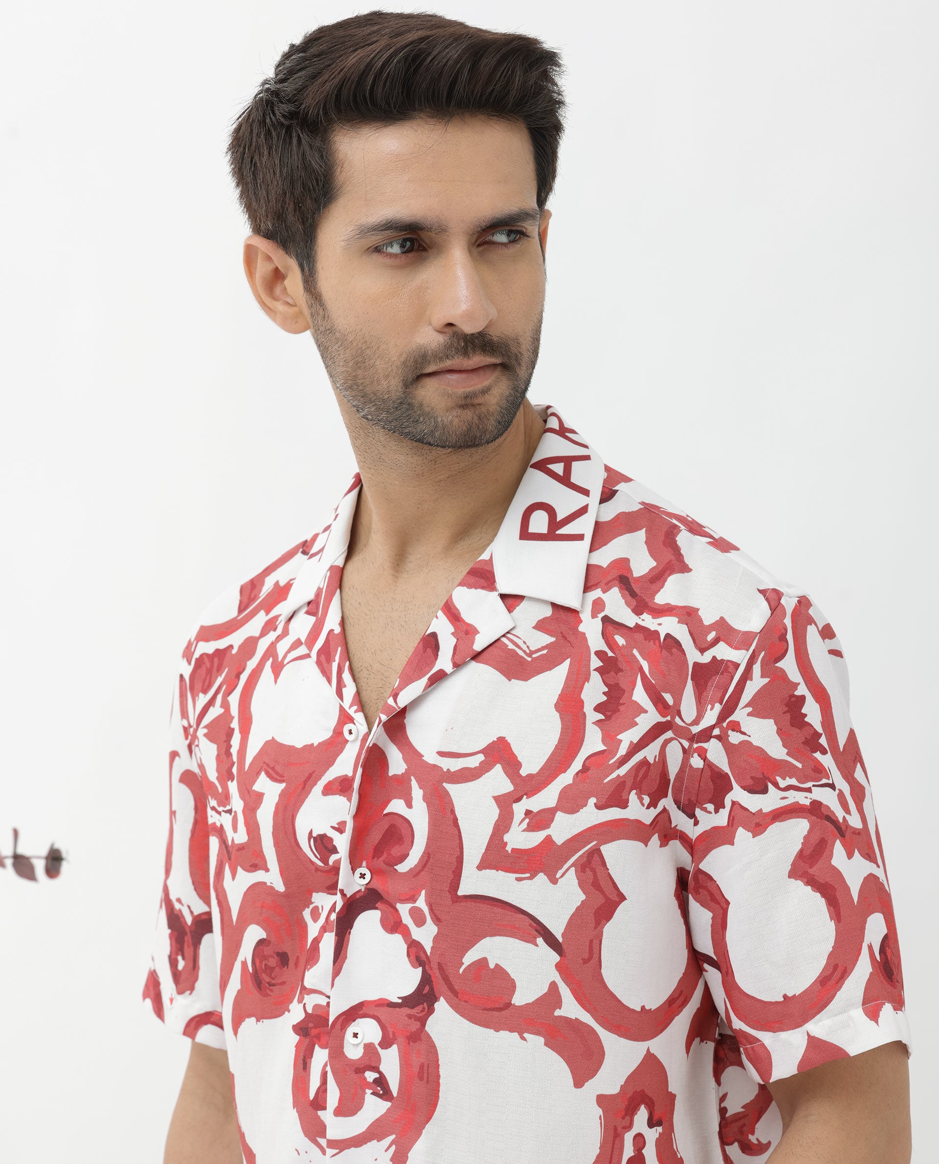 Rare Rabbit Mens Bordin Red Viscose Fabric Half Sleeves Cuban Collar Boxy Fit Abstract Print Shirt