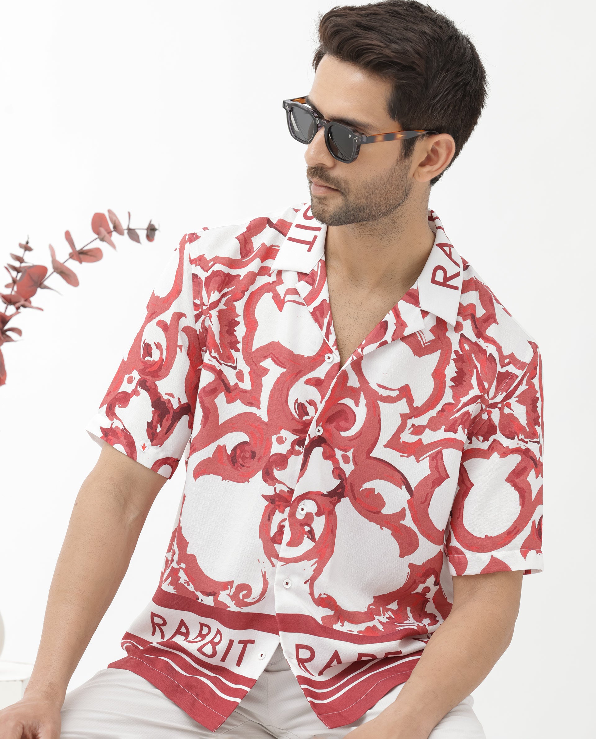 Rare Rabbit Mens Bordin Red Viscose Fabric Half Sleeves Cuban Collar Boxy Fit Abstract Print Shirt