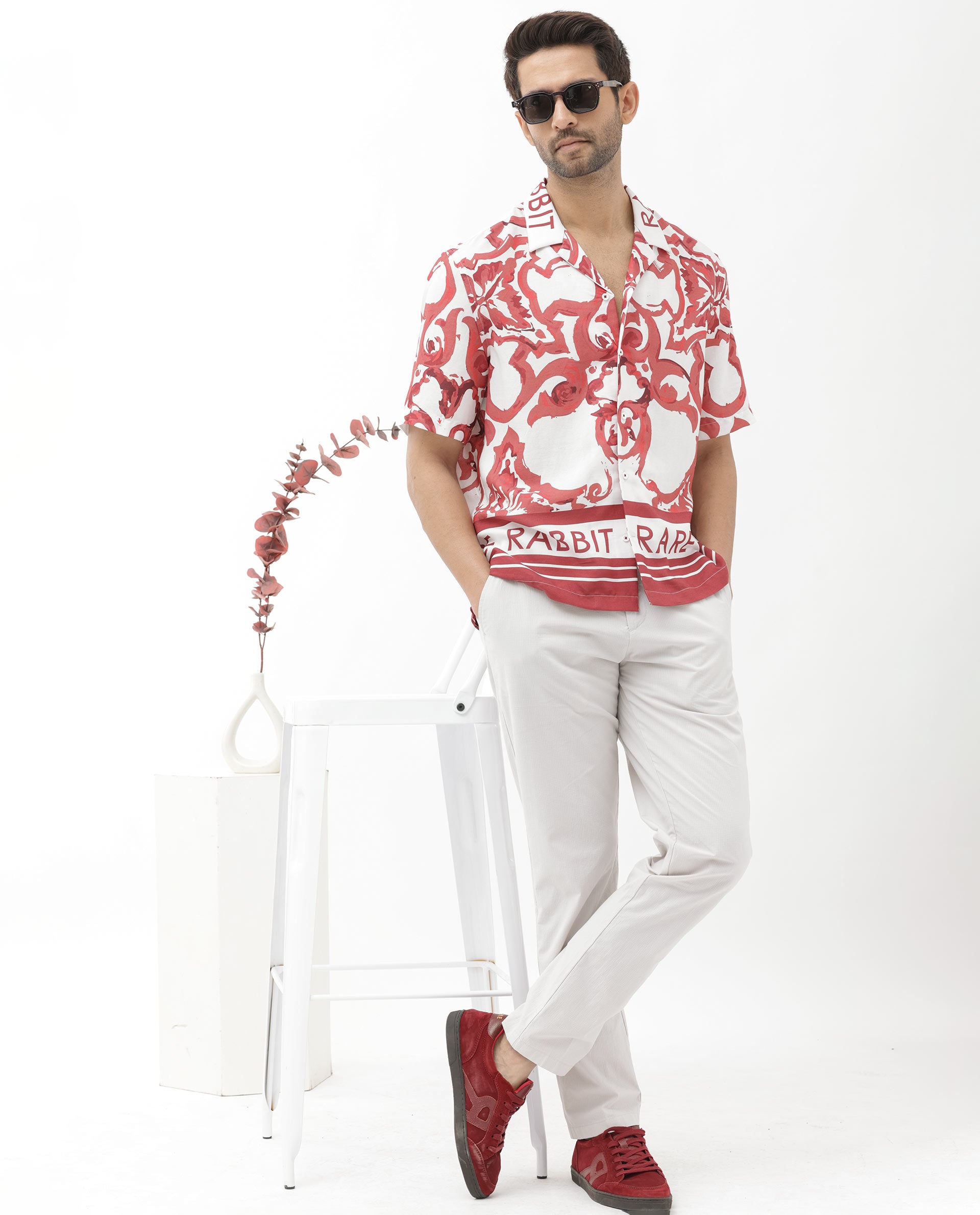 Rare Rabbit Mens Bordin Red Viscose Fabric Half Sleeves Cuban Collar Boxy Fit Abstract Print Shirt