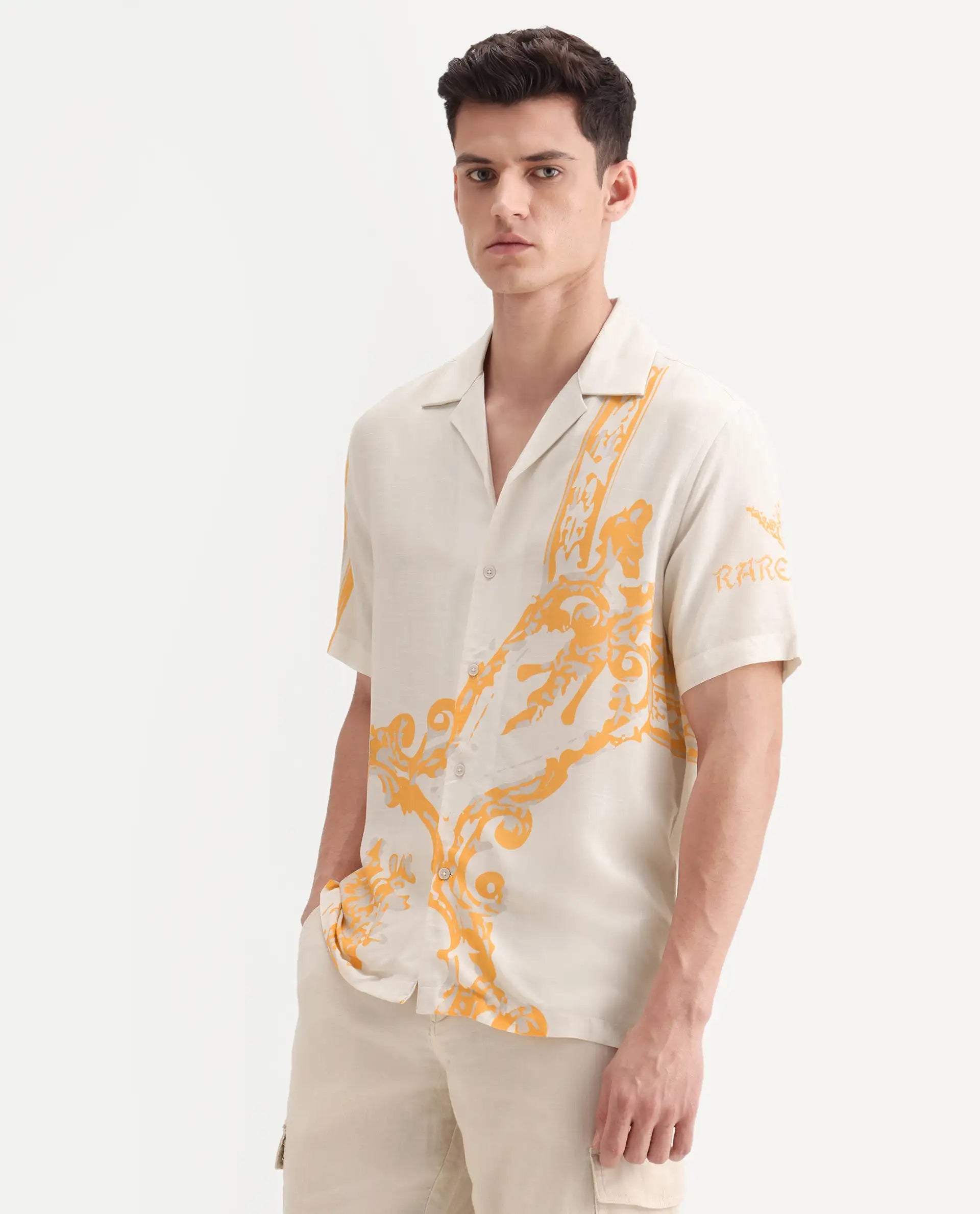 Rare Rabbit Men's Bordis-25 Off White Viscose Abstract Print Boxy Fit Half Sleeve Spread Collar Shirt