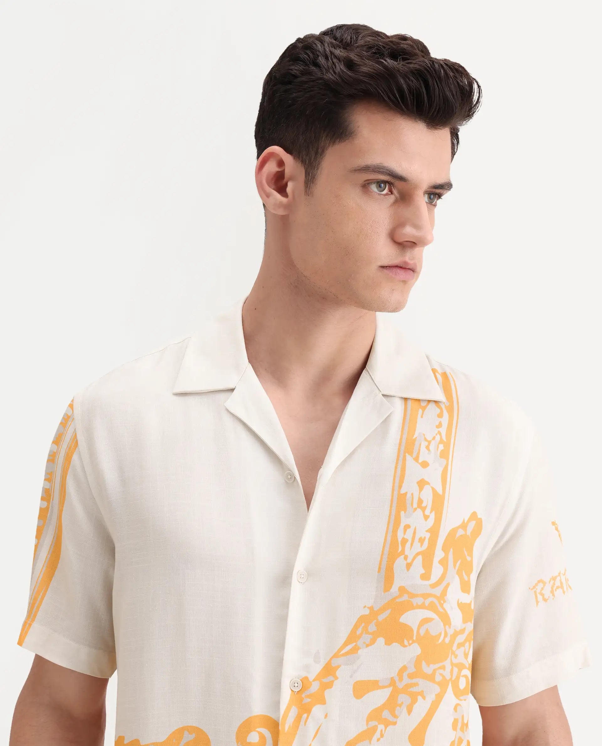 Rare Rabbit Men's Bordis-25 Off White Viscose Abstract Print Boxy Fit Half Sleeve Spread Collar Shirt