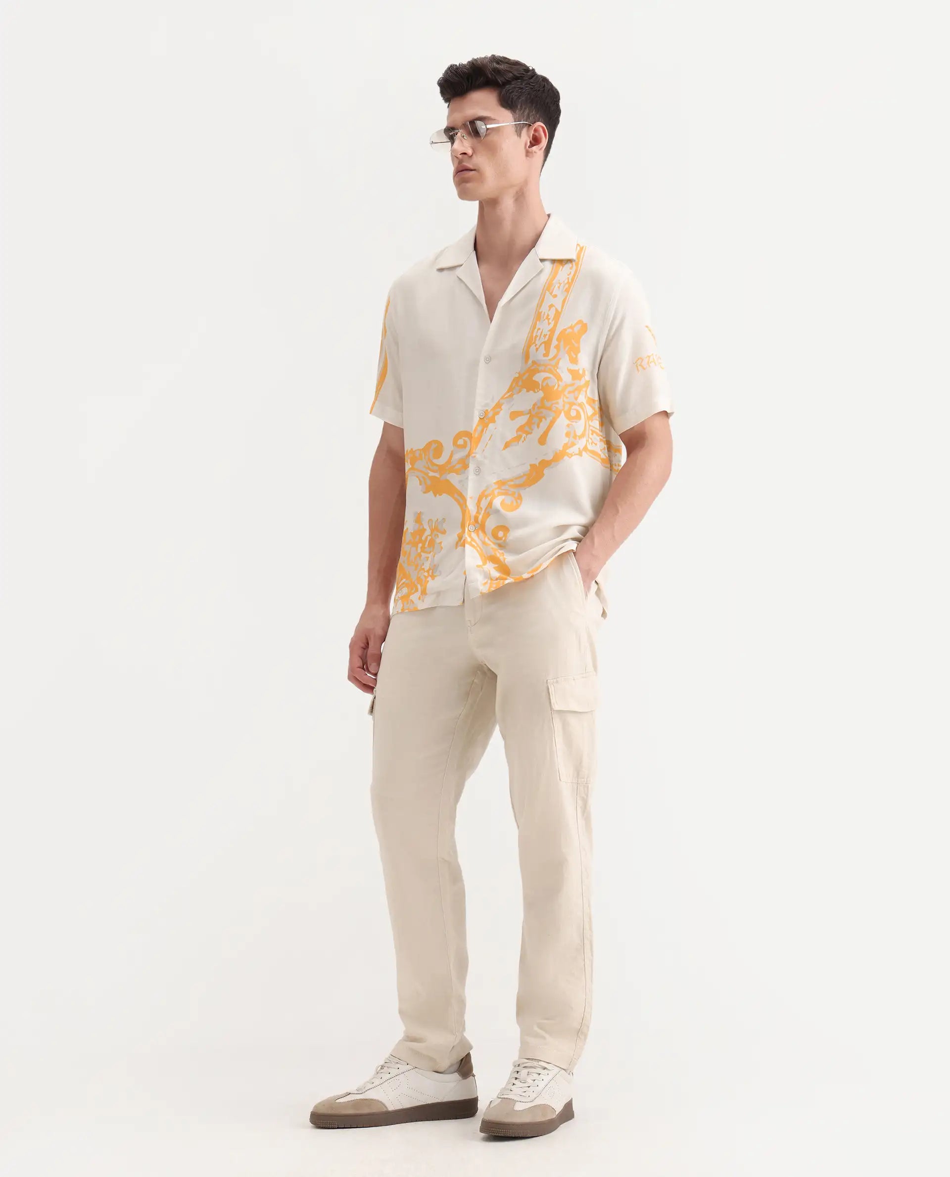 Rare Rabbit Men's Bordis-25 Off White Viscose Abstract Print Boxy Fit Half Sleeve Spread Collar Shirt