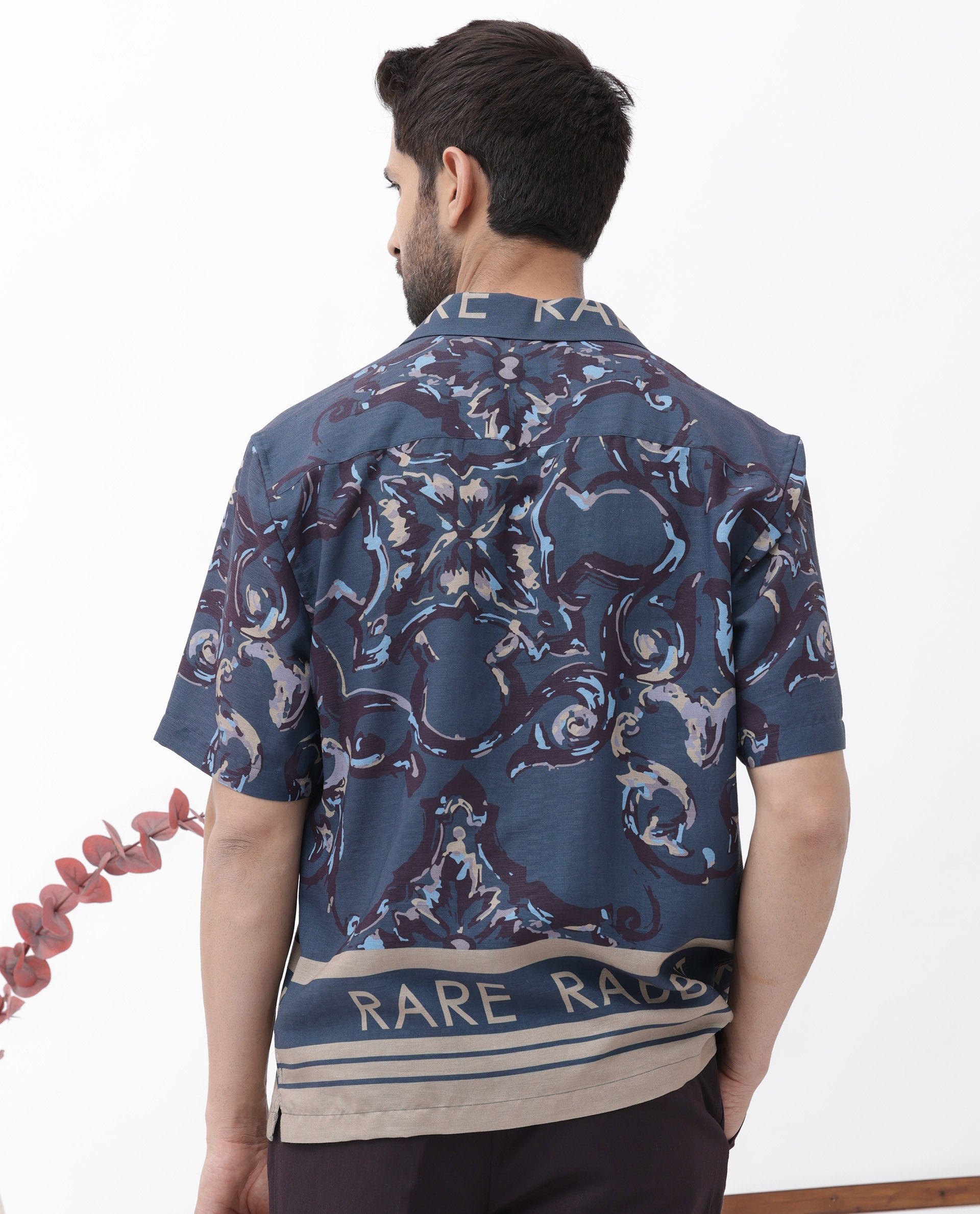 Rare Rabbit Men's Bordis Dark Navy Viscose Fabric Half Sleeves Cuban Collar Boxy Fit Abstract Print Shirt