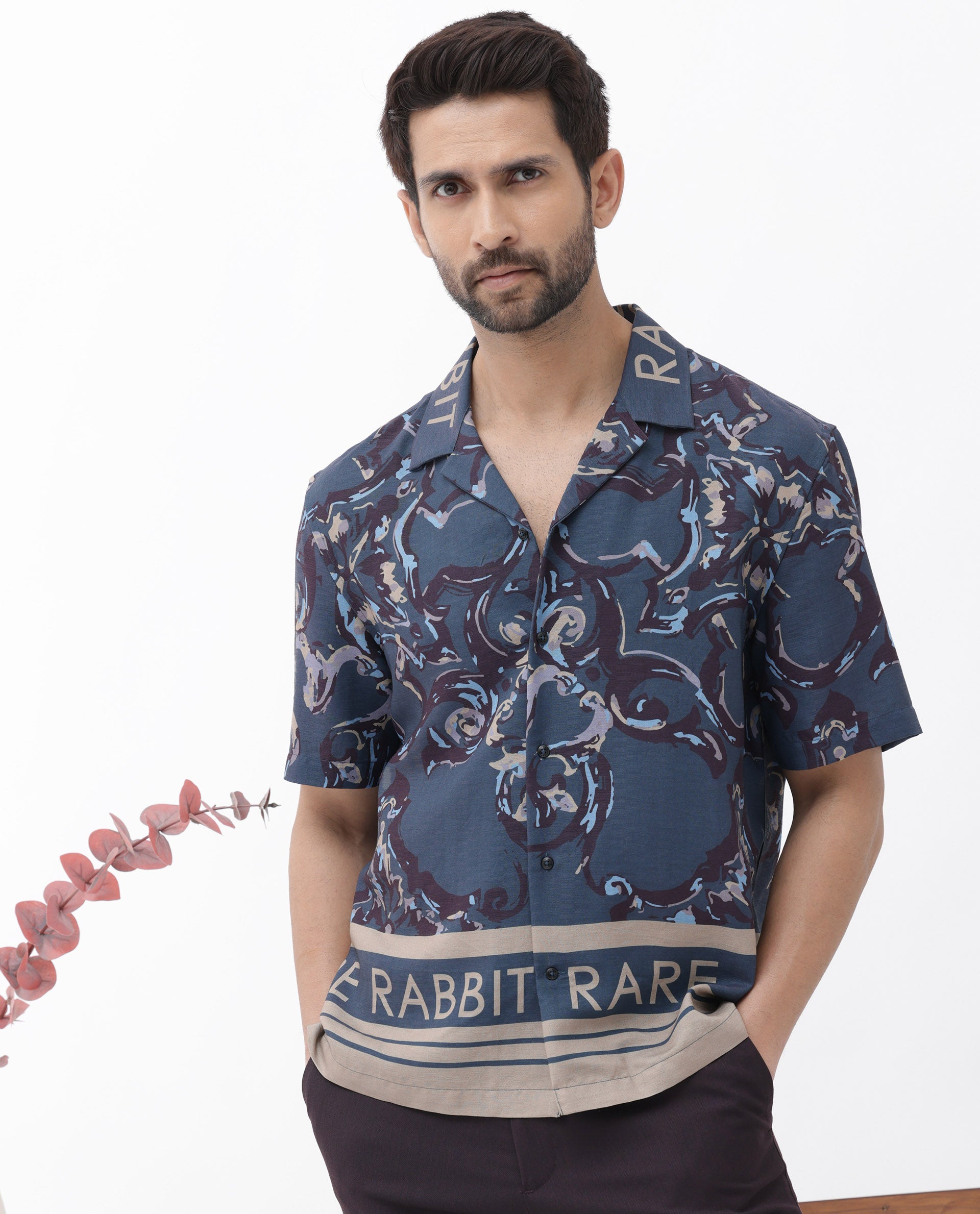 Rare Rabbit Men's Bordis Dark Navy Viscose Fabric Half Sleeves Cuban Collar Boxy Fit Abstract Print Shirt
