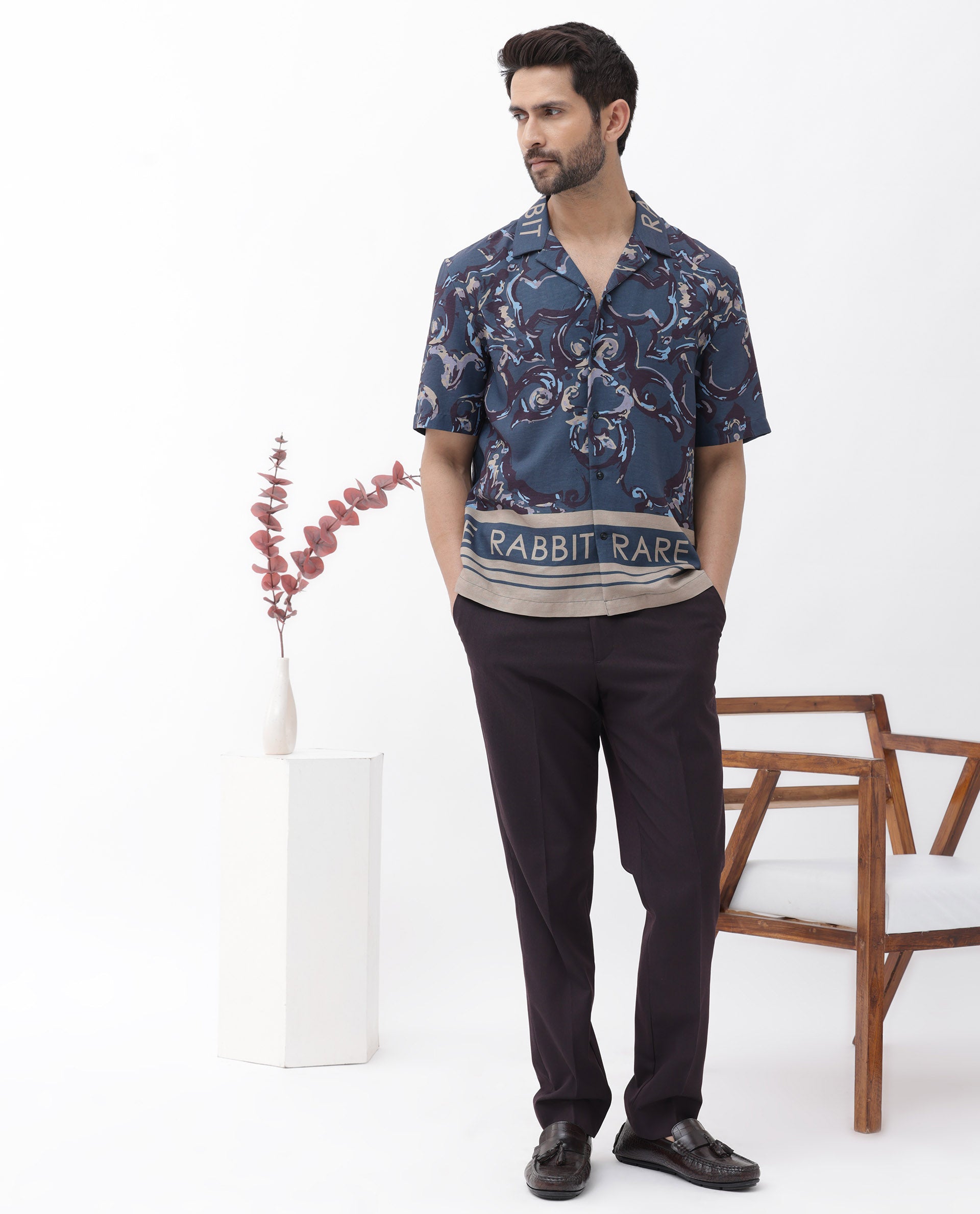 Rare Rabbit Men's Bordis Dark Navy Viscose Fabric Half Sleeves Cuban Collar Boxy Fit Abstract Print Shirt