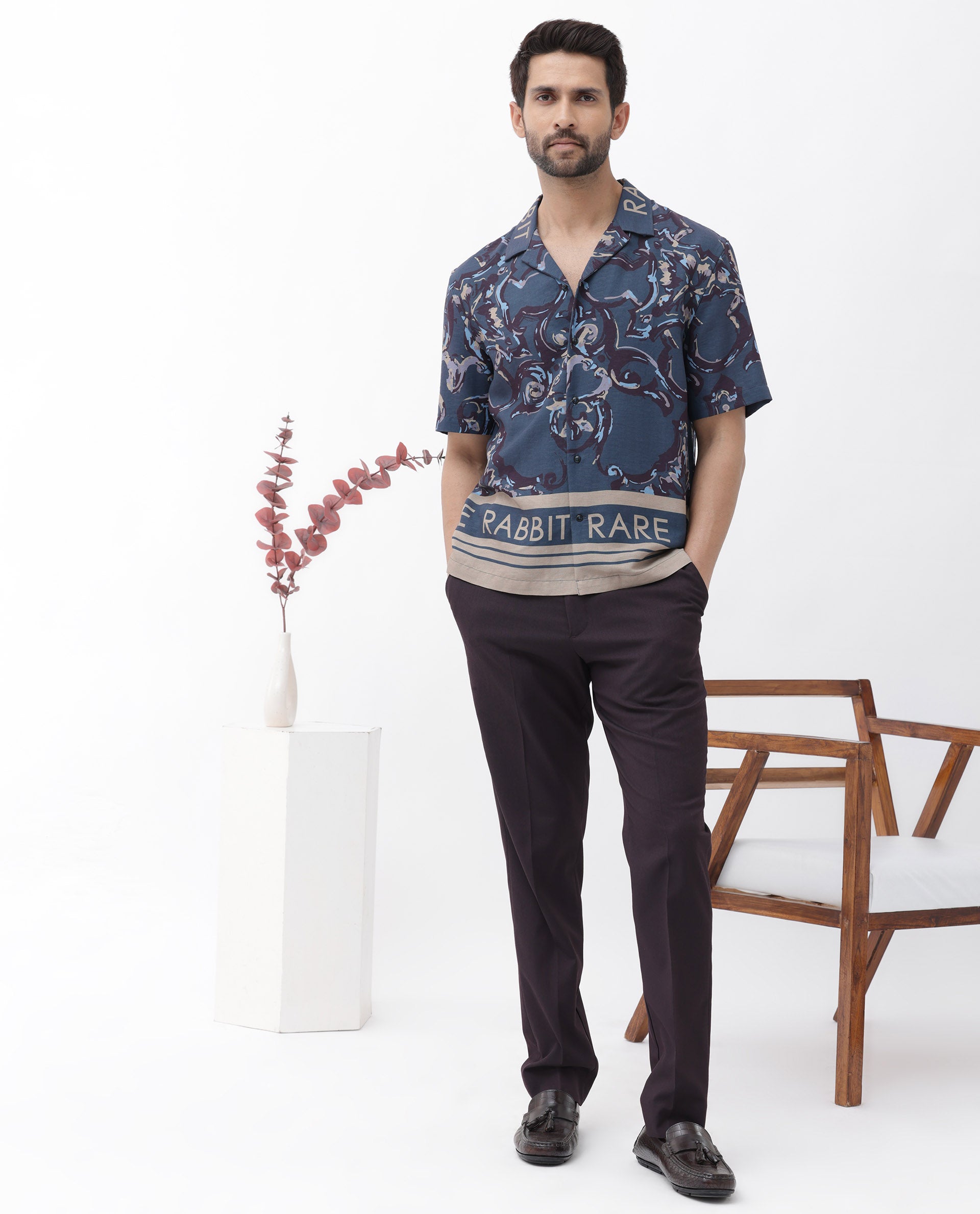 Rare Rabbit Men's Bordis Dark Navy Viscose Fabric Half Sleeves Cuban Collar Boxy Fit Abstract Print Shirt