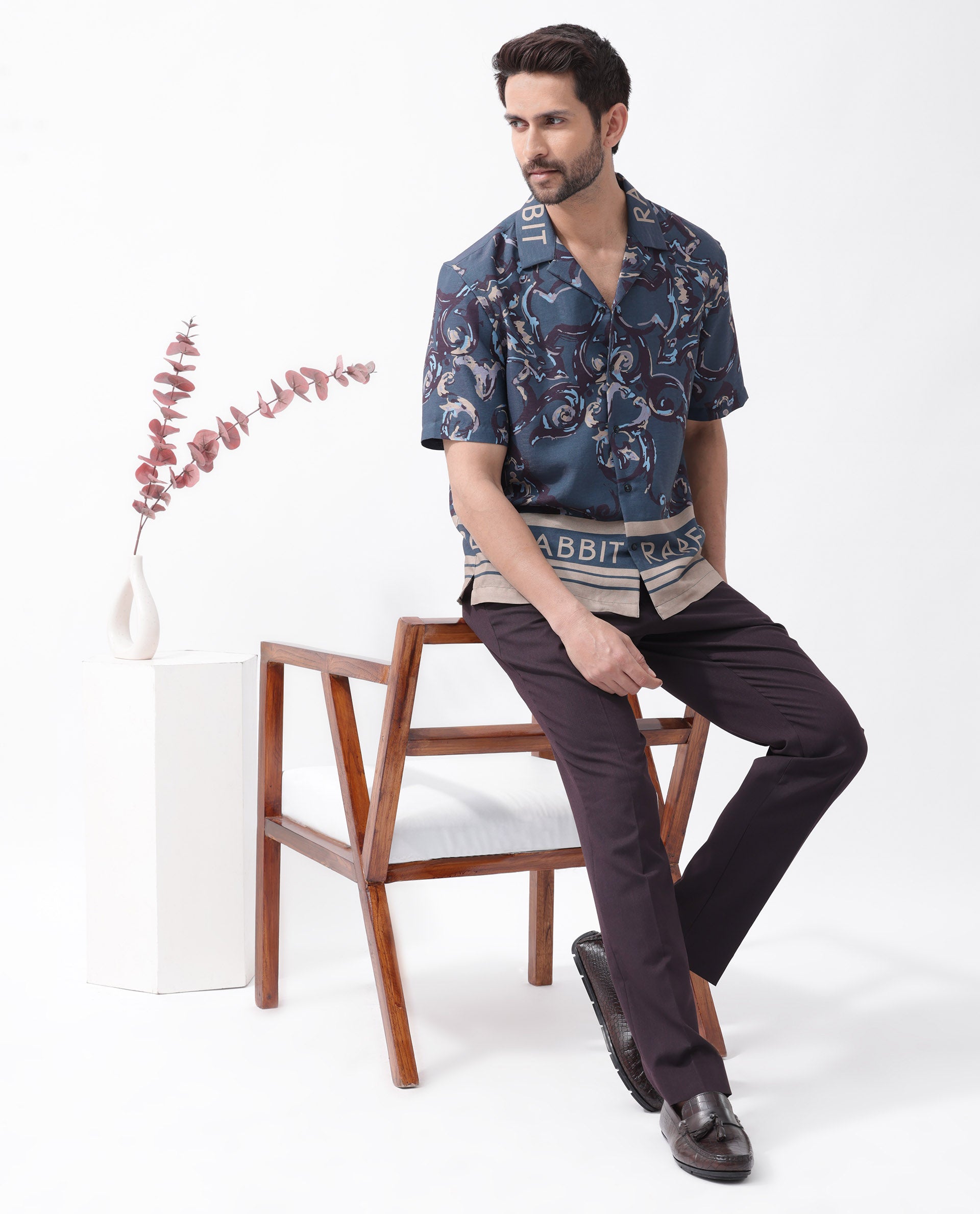 Rare Rabbit Men's Bordis Dark Navy Viscose Fabric Half Sleeves Cuban Collar Boxy Fit Abstract Print Shirt