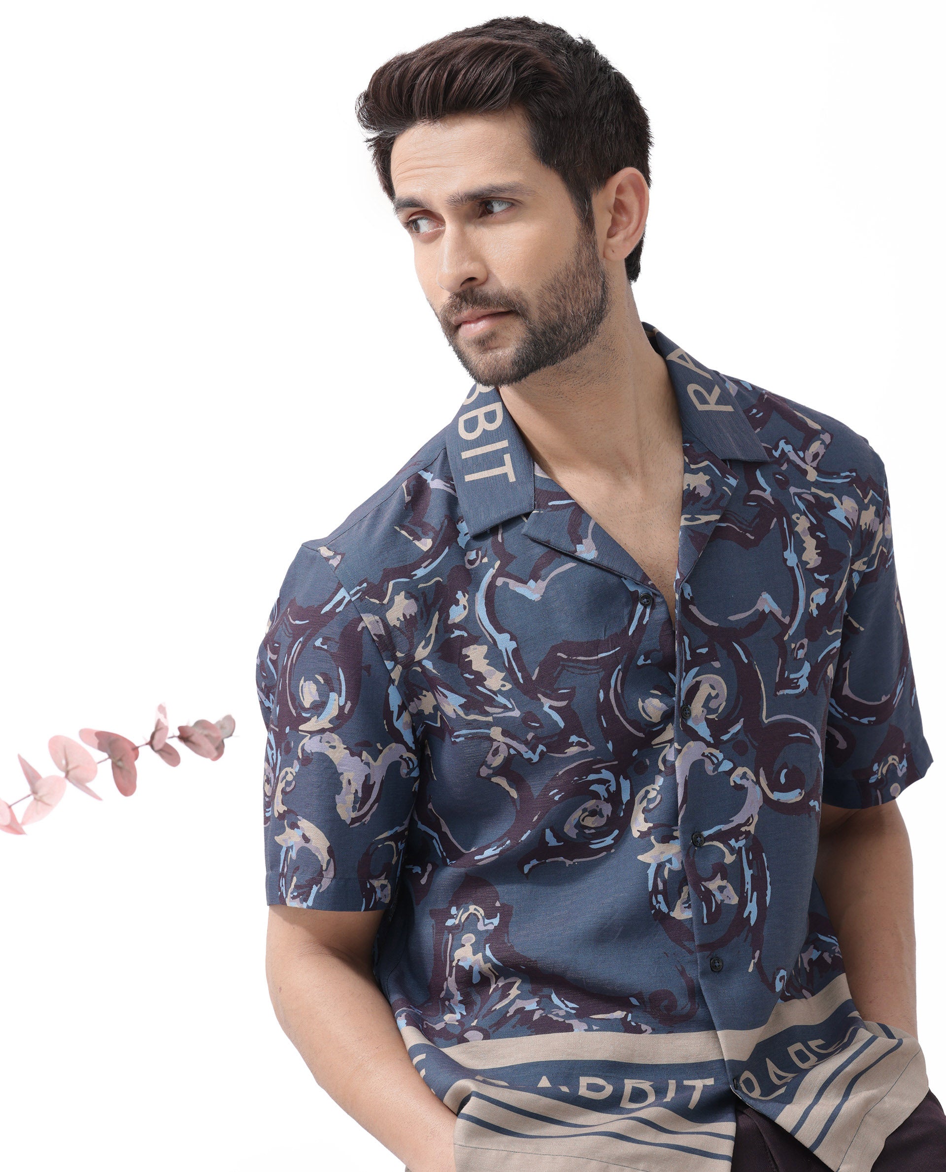 Rare Rabbit Men's Bordis Dark Navy Viscose Fabric Half Sleeves Cuban Collar Boxy Fit Abstract Print Shirt