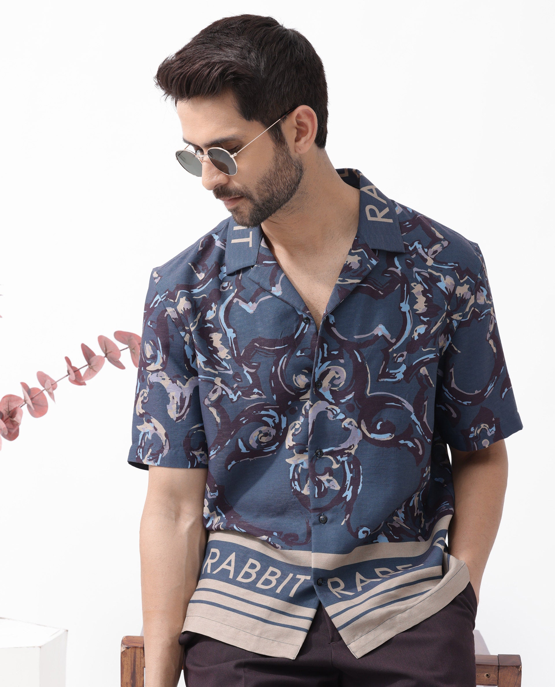 Rare Rabbit Men's Bordis Dark Navy Viscose Fabric Half Sleeves Cuban Collar Boxy Fit Abstract Print Shirt
