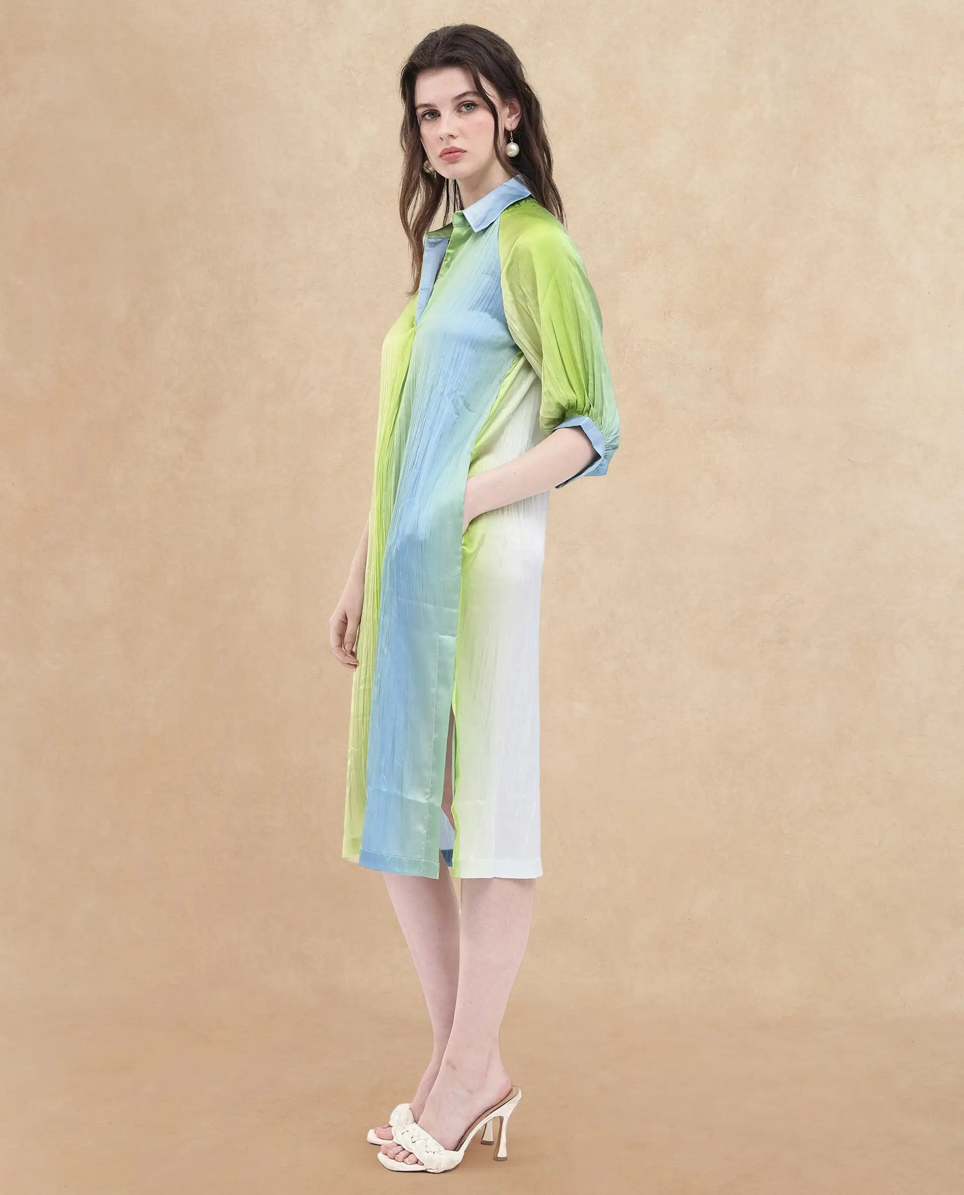 Rareism Women Boris Multi Polyester Fabric Cap Sleeve Collared Neck Ombre Longline Dress