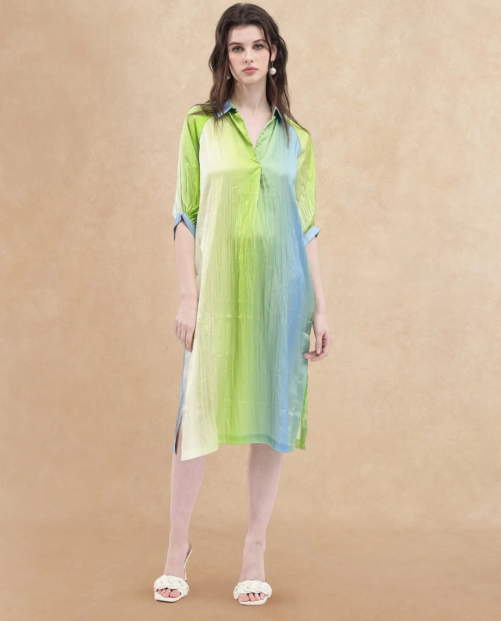 Rareism Women Boris Multi Polyester Fabric Cap Sleeve Collared Neck Ombre Longline Dress