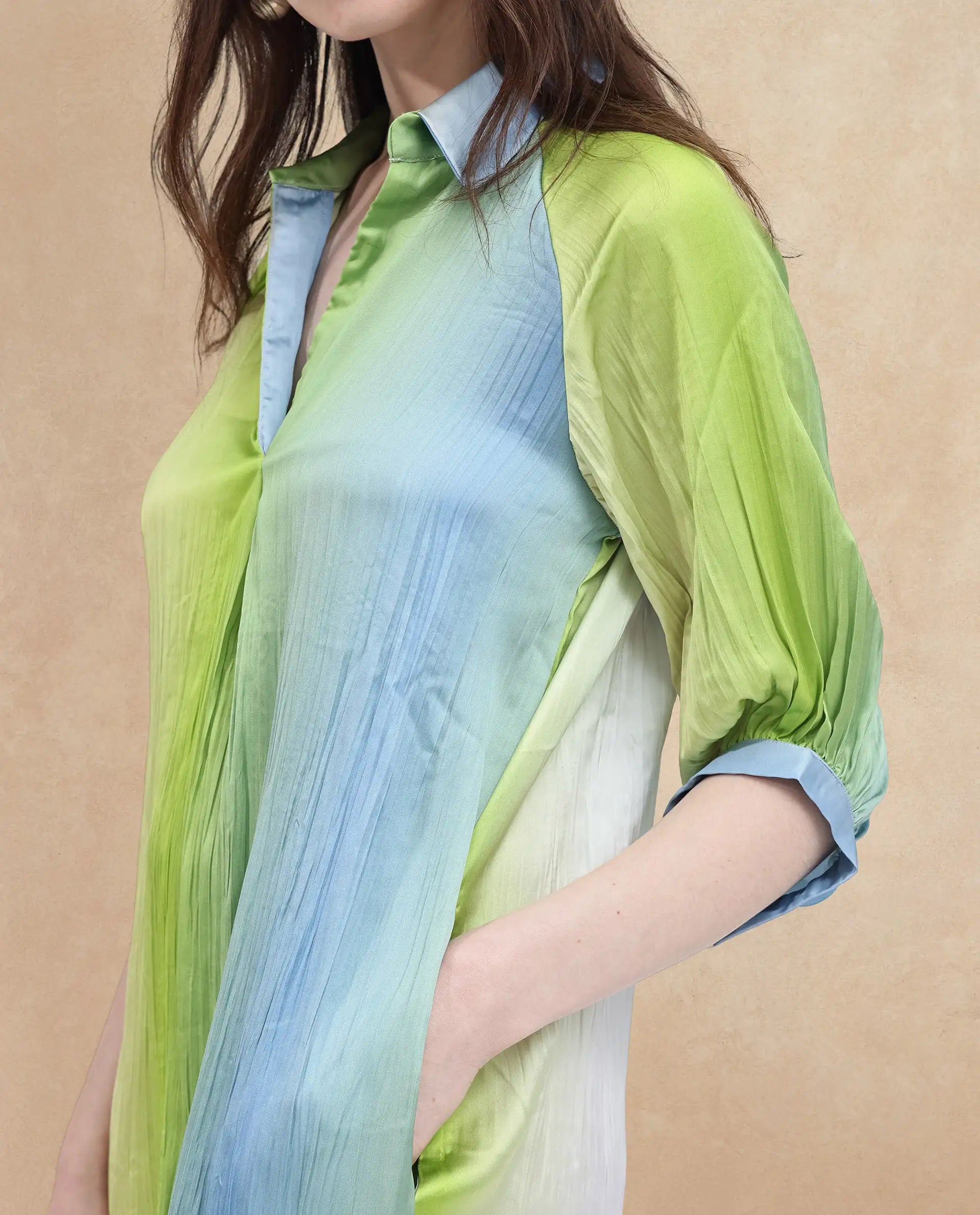 Rareism Women Boris Multi Polyester Fabric Cap Sleeve Collared Neck Ombre Longline Dress