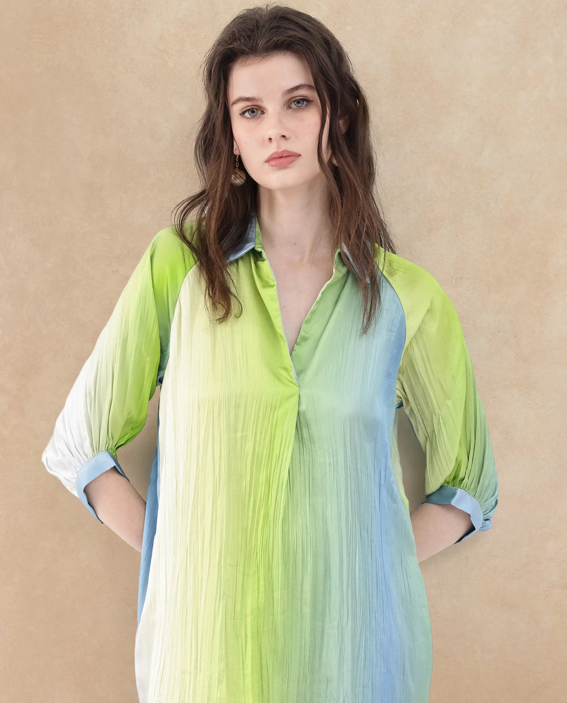 Rareism Women Boris Multi Polyester Fabric Cap Sleeve Collared Neck Ombre Longline Dress