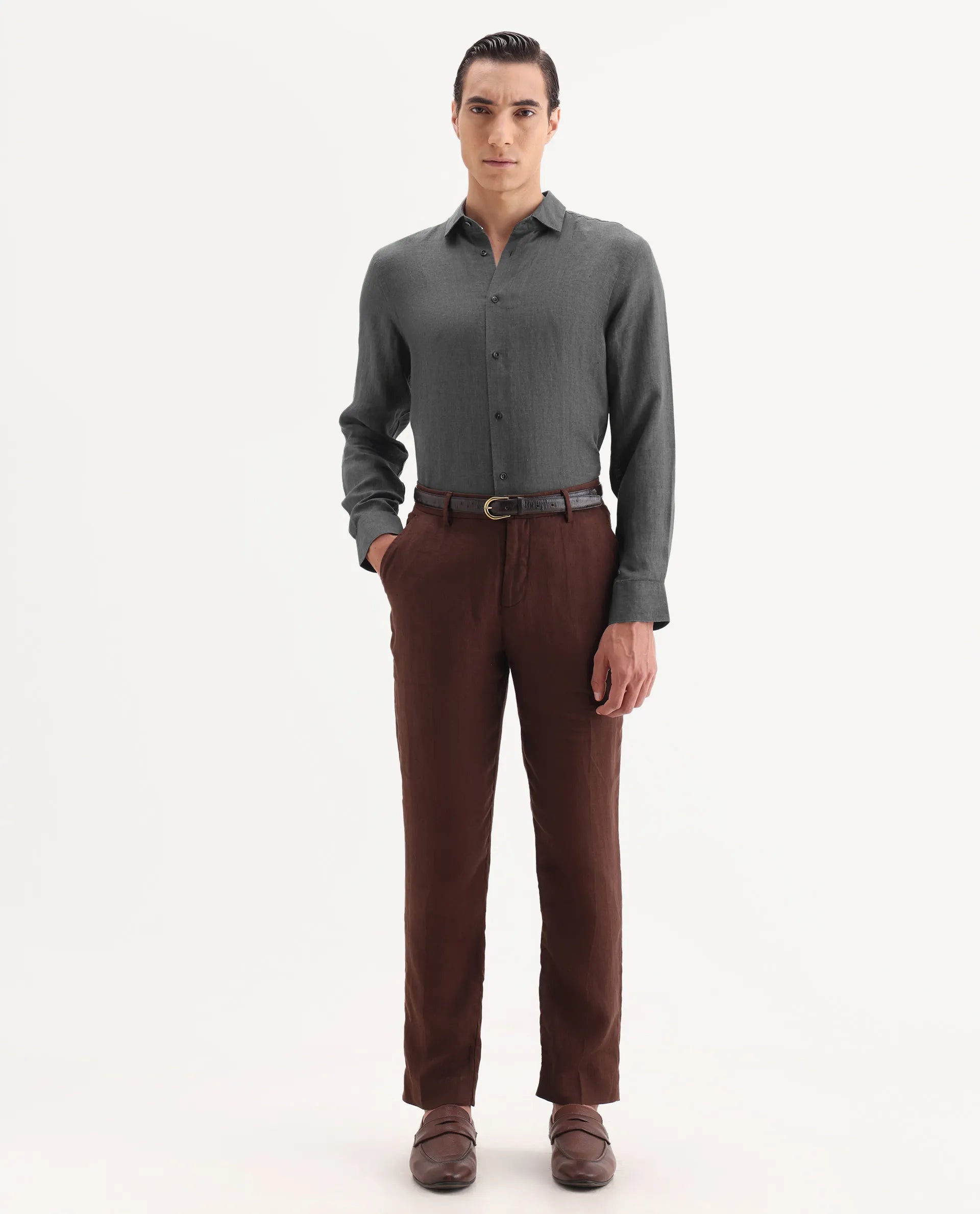Rare Rabbit Men's Borium-25 Grey 100% Linen Fabric Spread Collar Regular Fit Plain Shirt
