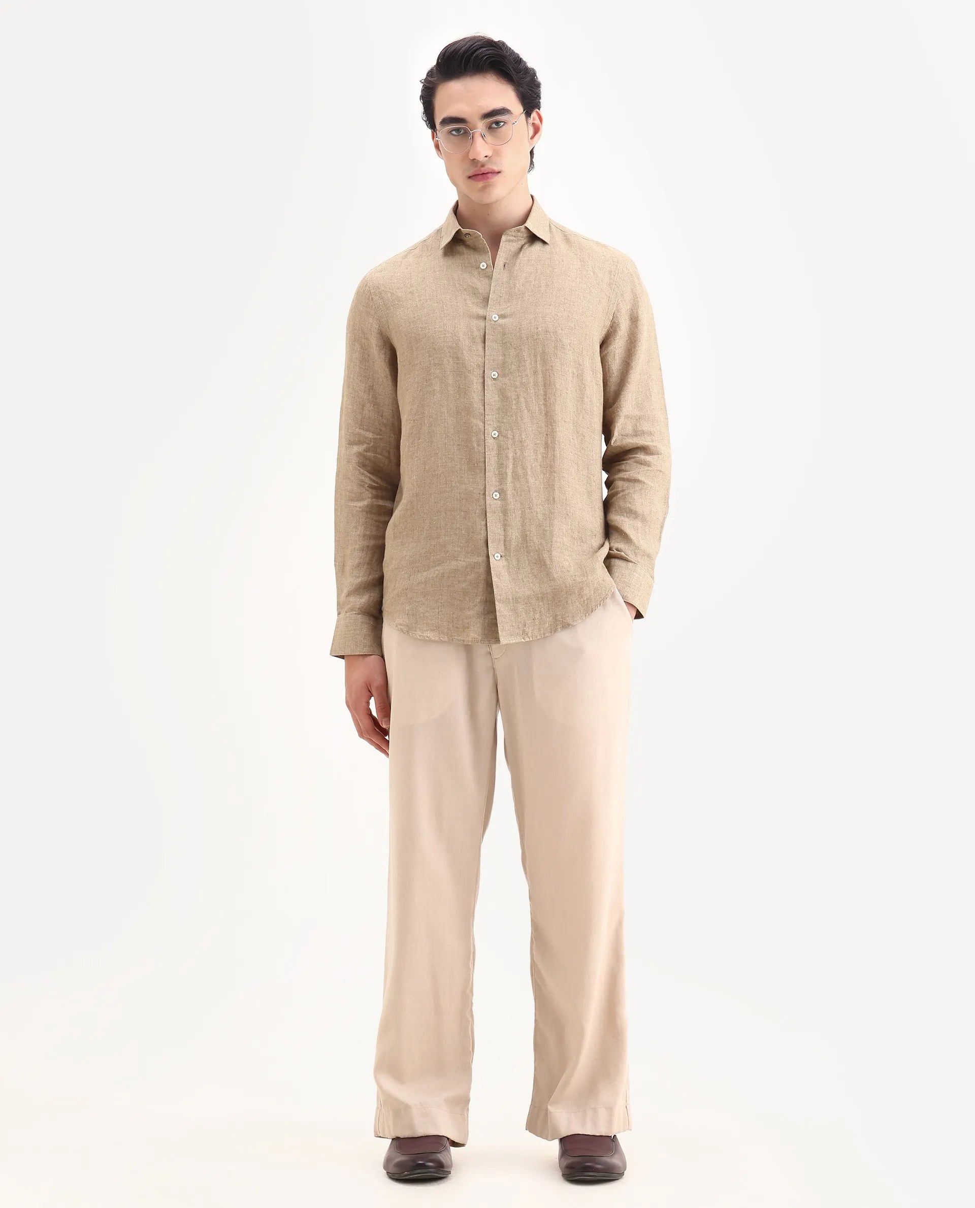 Rare Rabbit Men's Borium-25 Pastel Green 100% Linen Fabric Spread Collar Regular Fit Plain Shirt