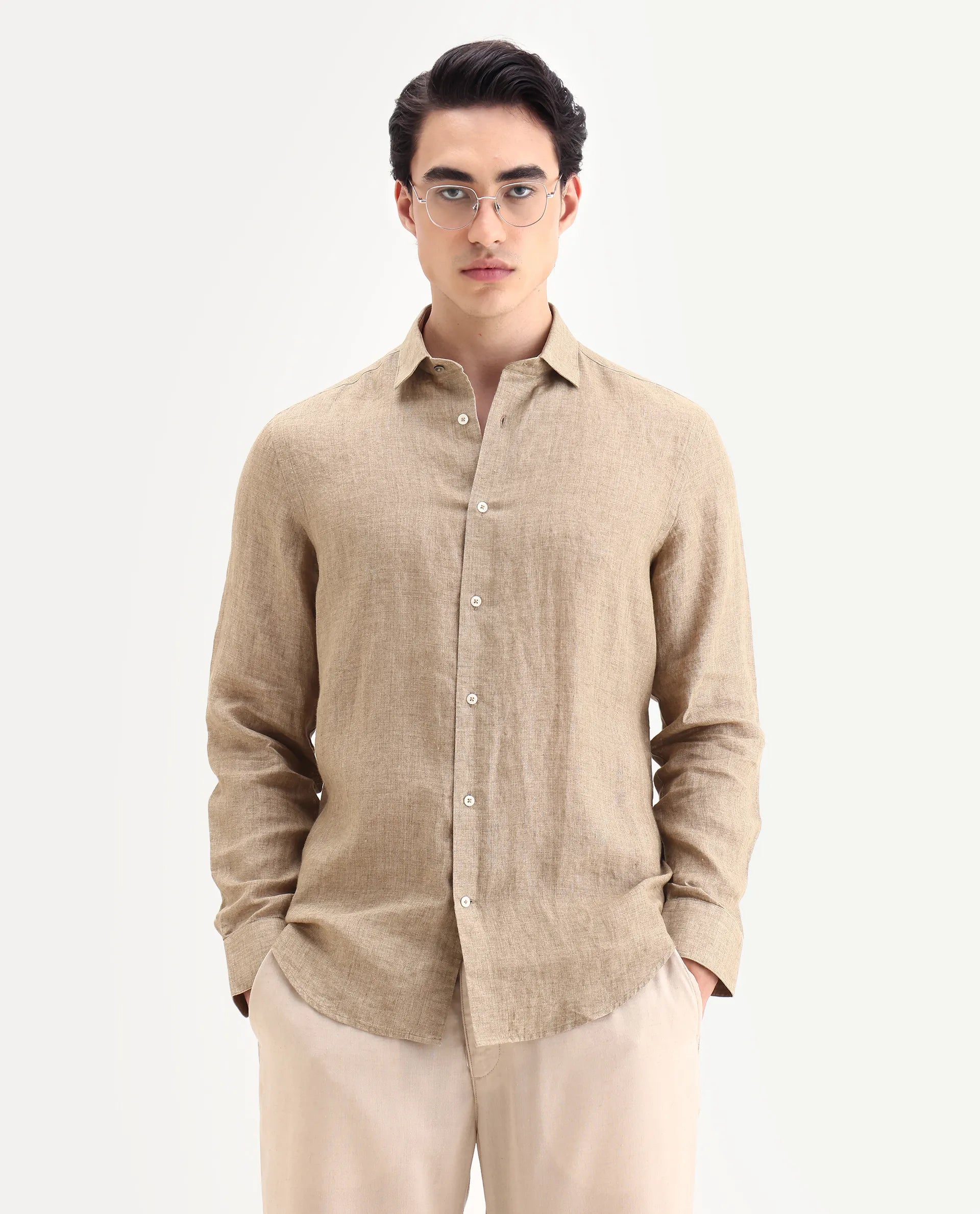 Rare Rabbit Men's Borium-25 Pastel Green 100% Linen Fabric Spread Collar Regular Fit Plain Shirt