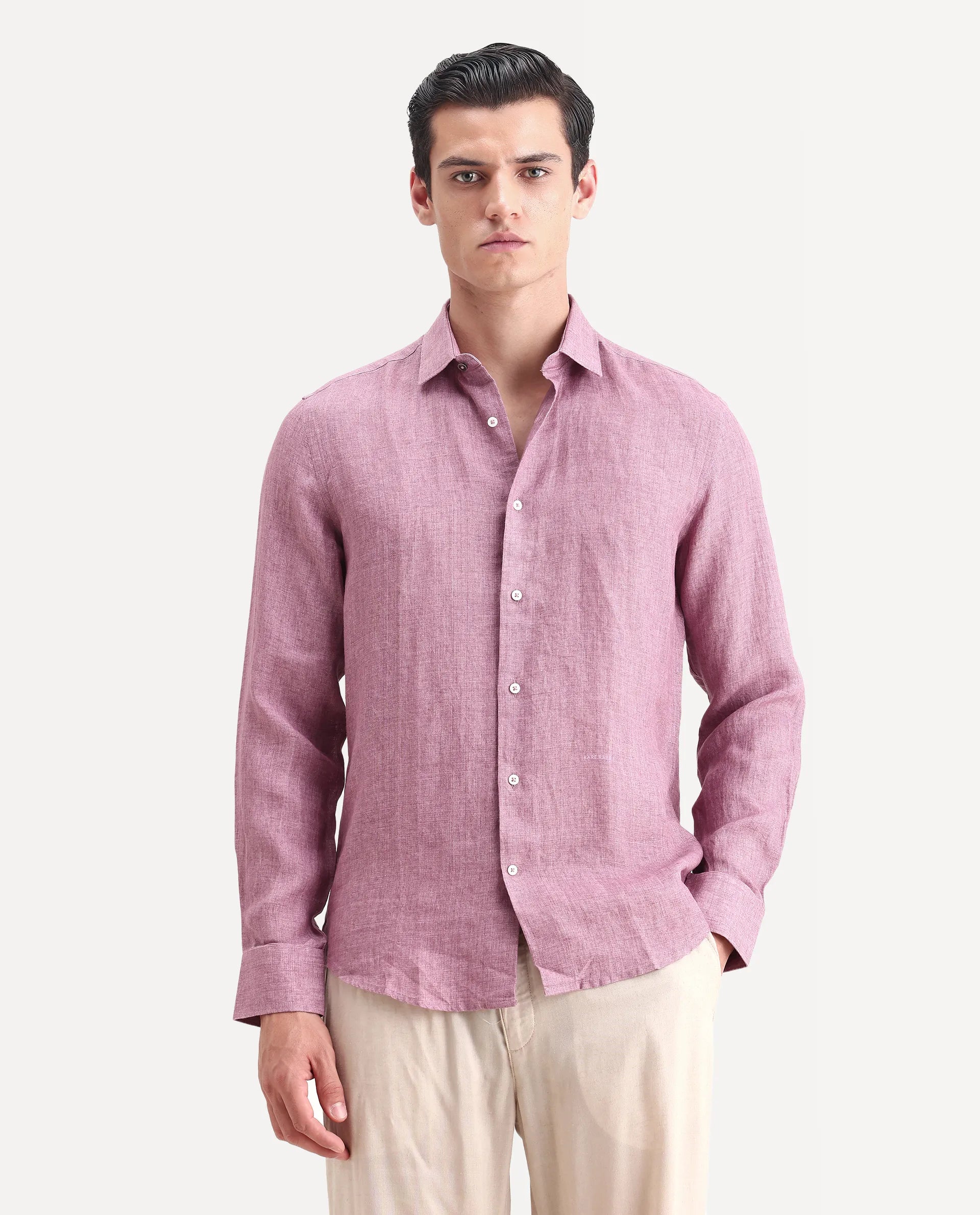 Rare Rabbit Men's Borium-2 Dusky Pink 100% Linen Plain Regular Fit Full Sleeve Collared Shirt