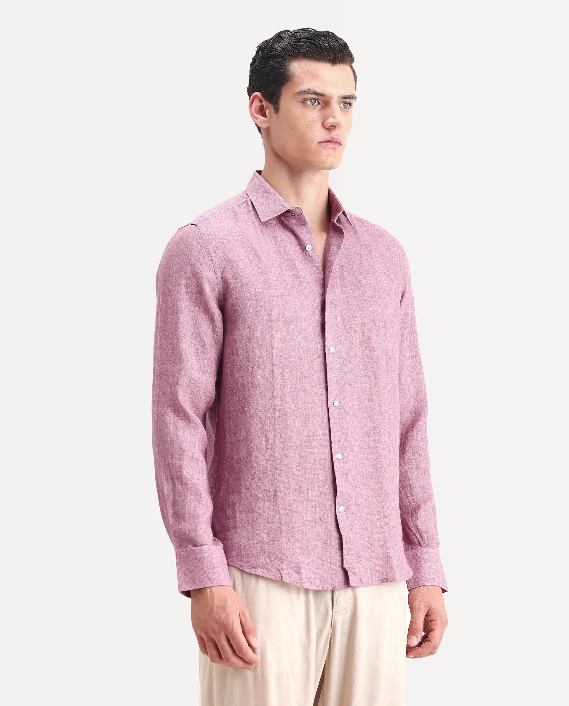 Rare Rabbit Men's Borium-2 Dusky Pink 100% Linen Plain Regular Fit Full Sleeve Collared Shirt