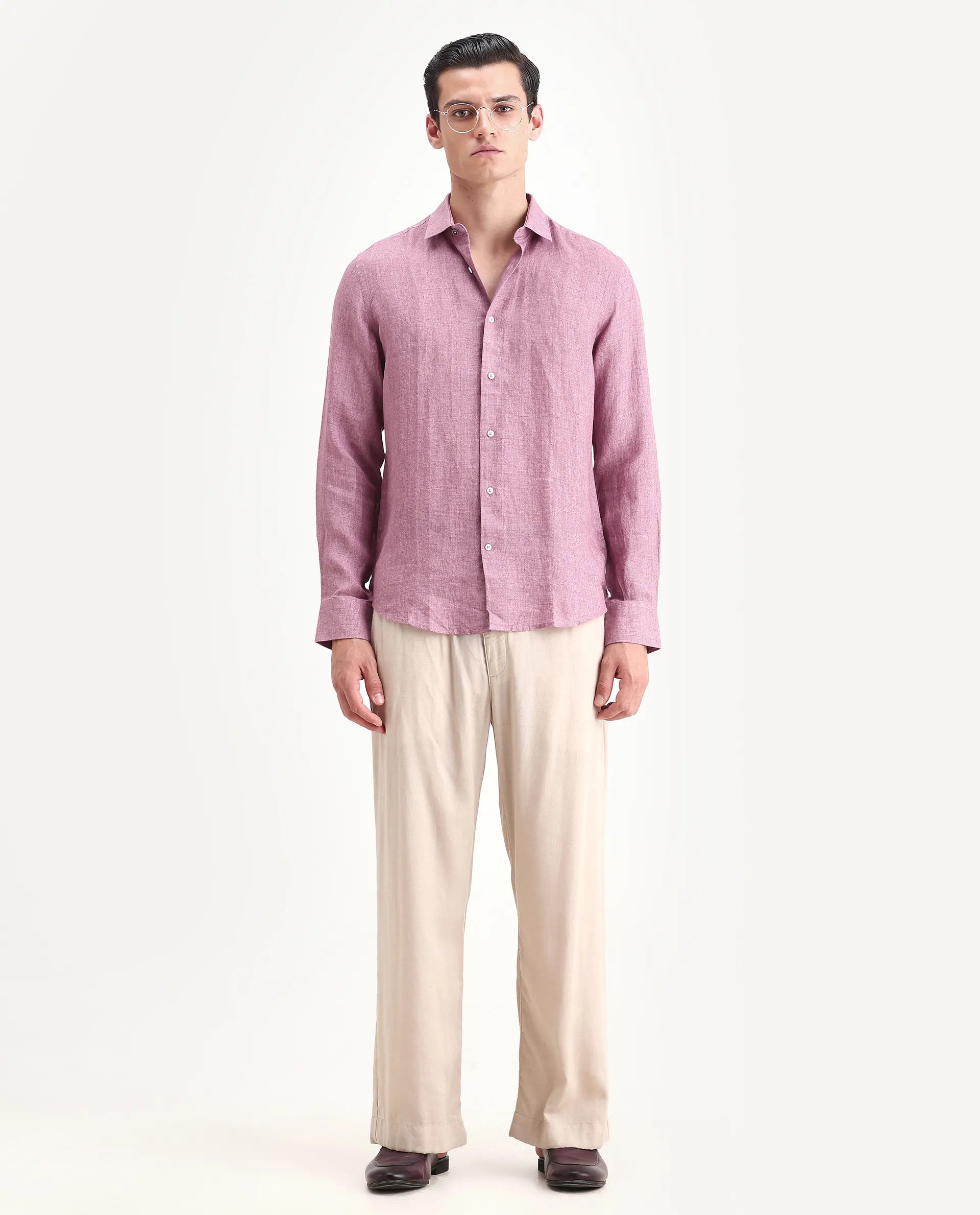 Rare Rabbit Men's Borium-2 Dusky Pink 100% Linen Plain Regular Fit Full Sleeve Collared Shirt