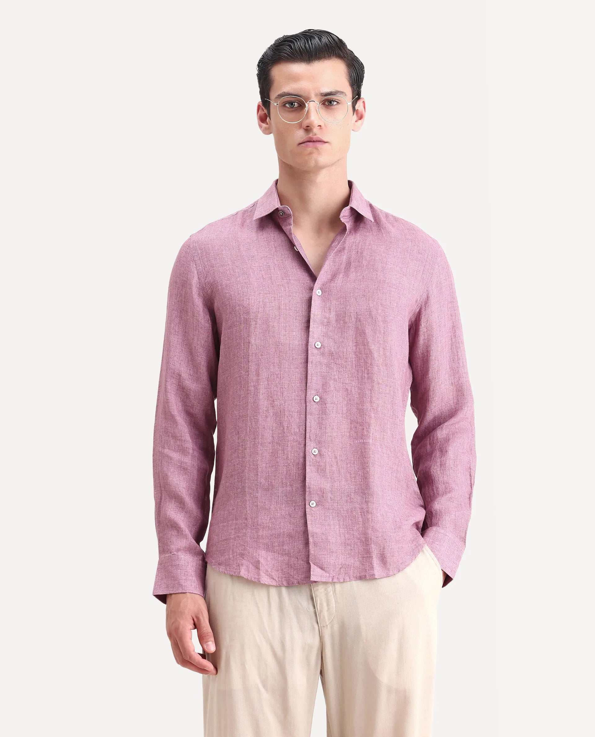Rare Rabbit Men's Borium-2 Dusky Pink 100% Linen Plain Regular Fit Full Sleeve Collared Shirt