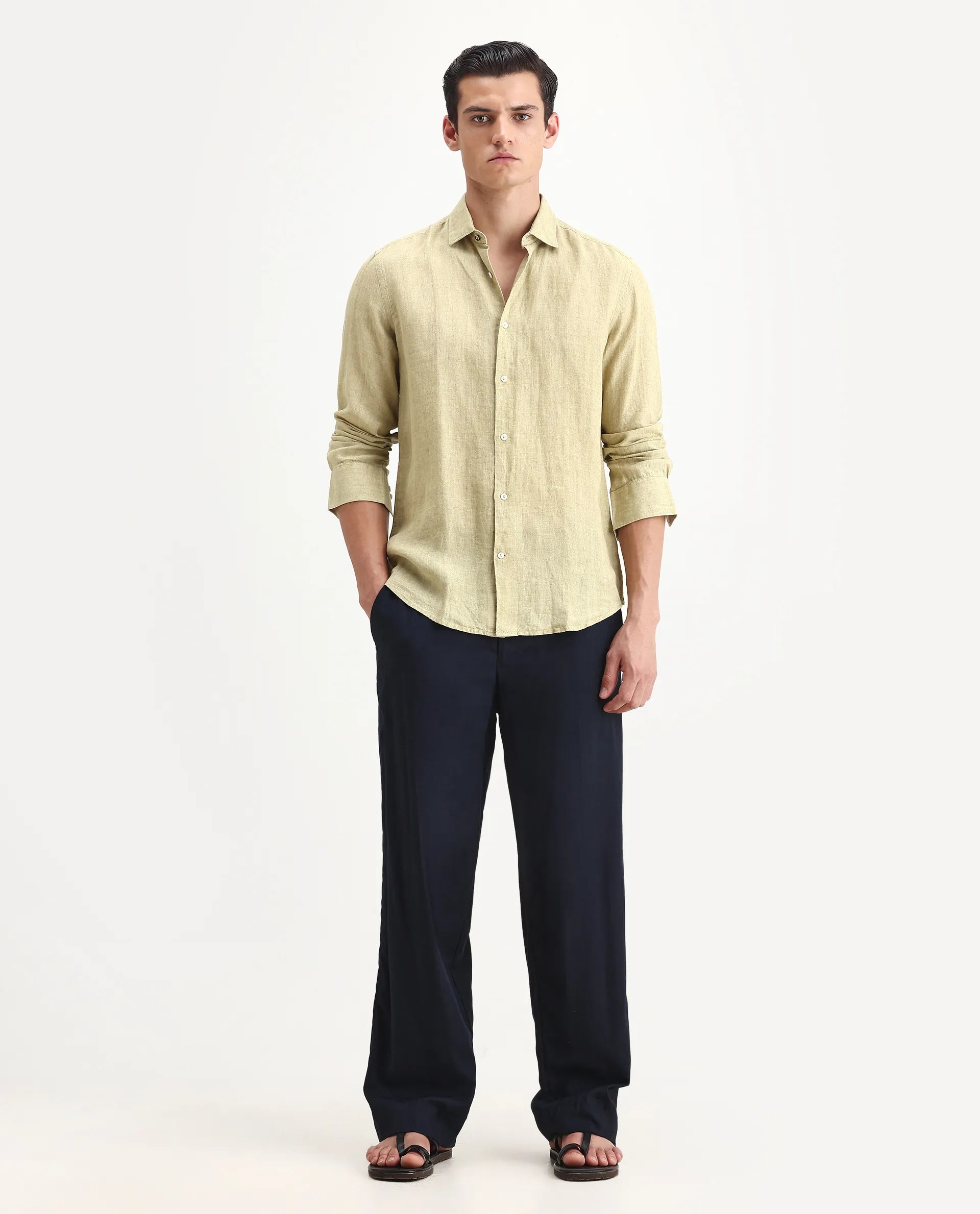 Rare Rabbit Men's Borium-2 Pastel Green 100% Linen Plain Regular Fit Full Sleeve Collared Shirt