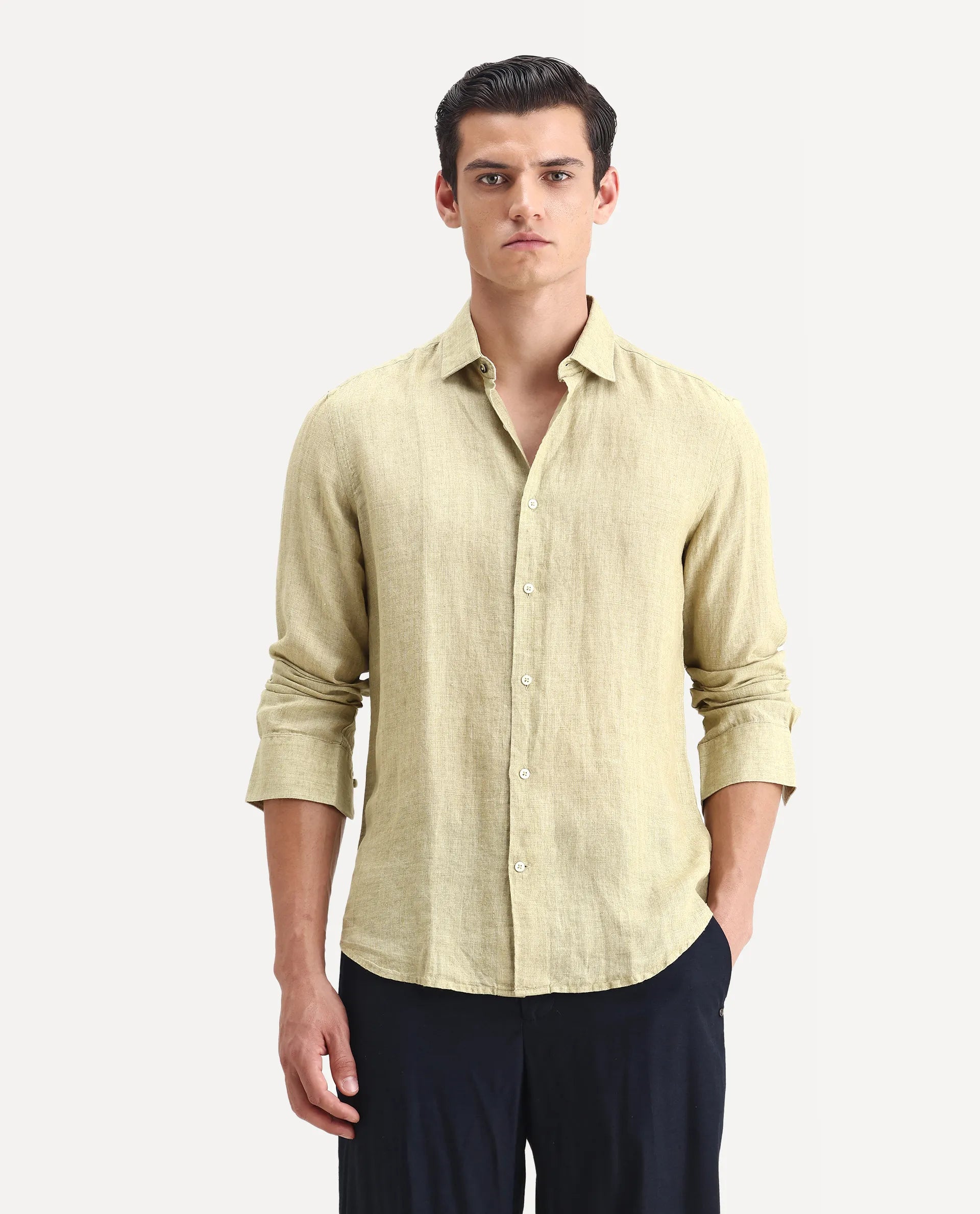 Rare Rabbit Men's Borium-2 Pastel Green 100% Linen Plain Regular Fit Full Sleeve Collared Shirt