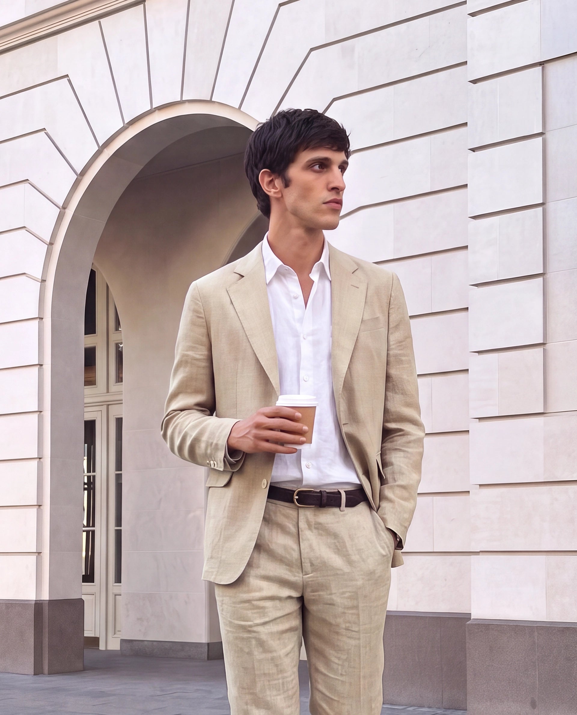 Rare Rabbit Men's Borium-Bl Beige 100% Linen Fabric Full Sleeve Lapel Collar Regular Plain Blazer