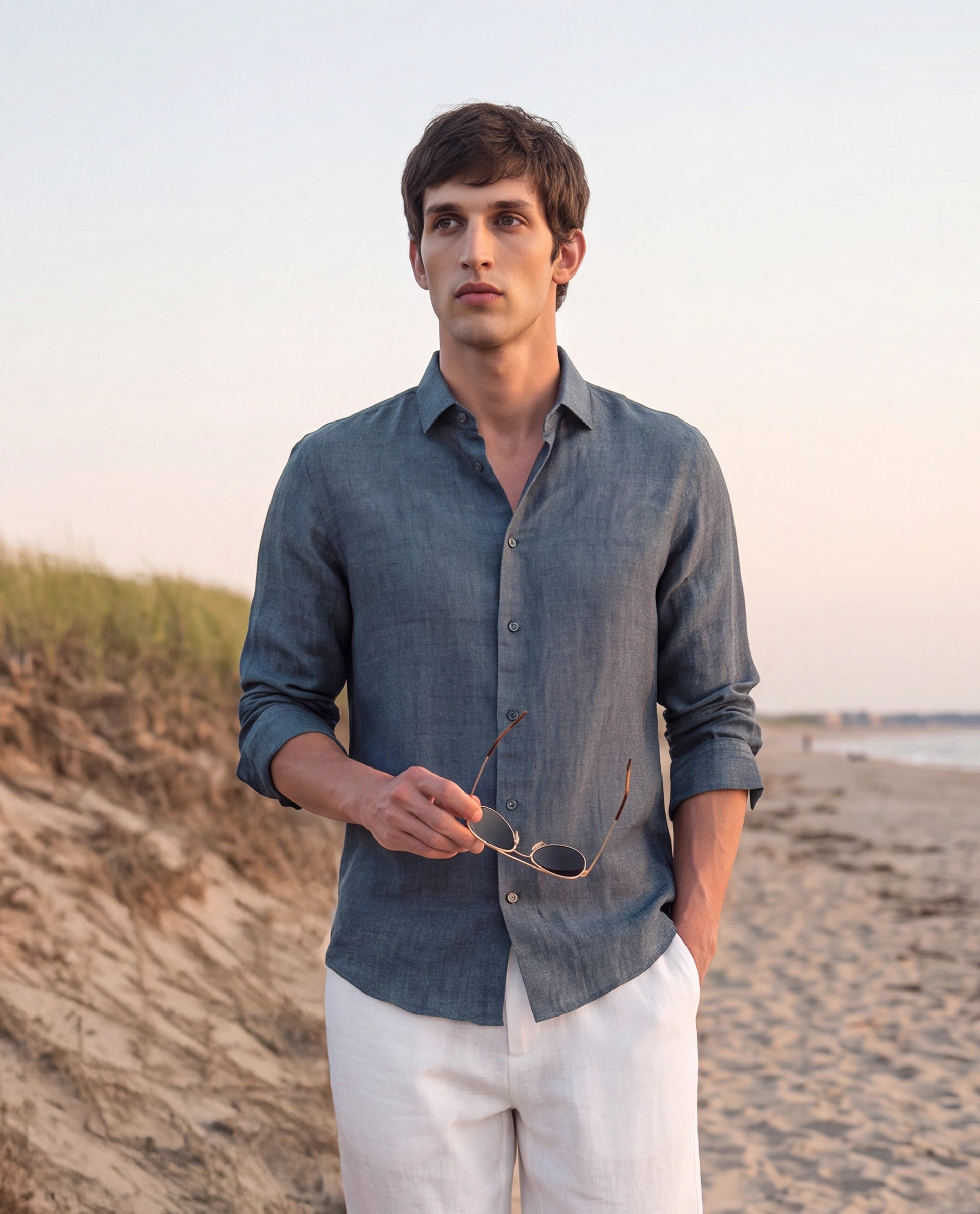 Rare Rabbit Men's Borium-D-26 Dark Blue 100% Linen Full Sleeve Spread Collar Regular Fit Plain Shirt