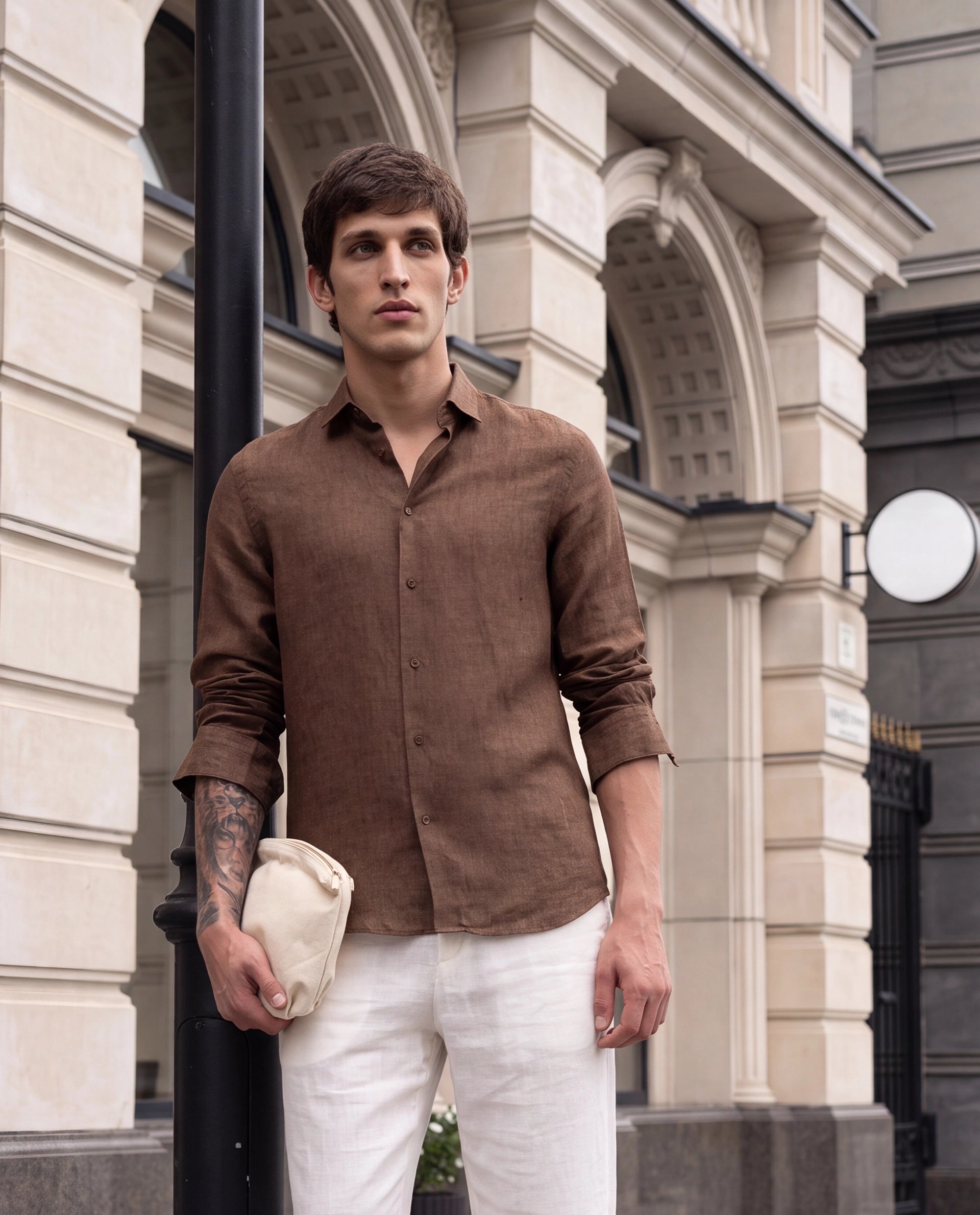 Rare Rabbit Men's Borium-D-26 Dark Brown 100% Linen Full Sleeve Spread Collar Regular Fit Plain Shirt