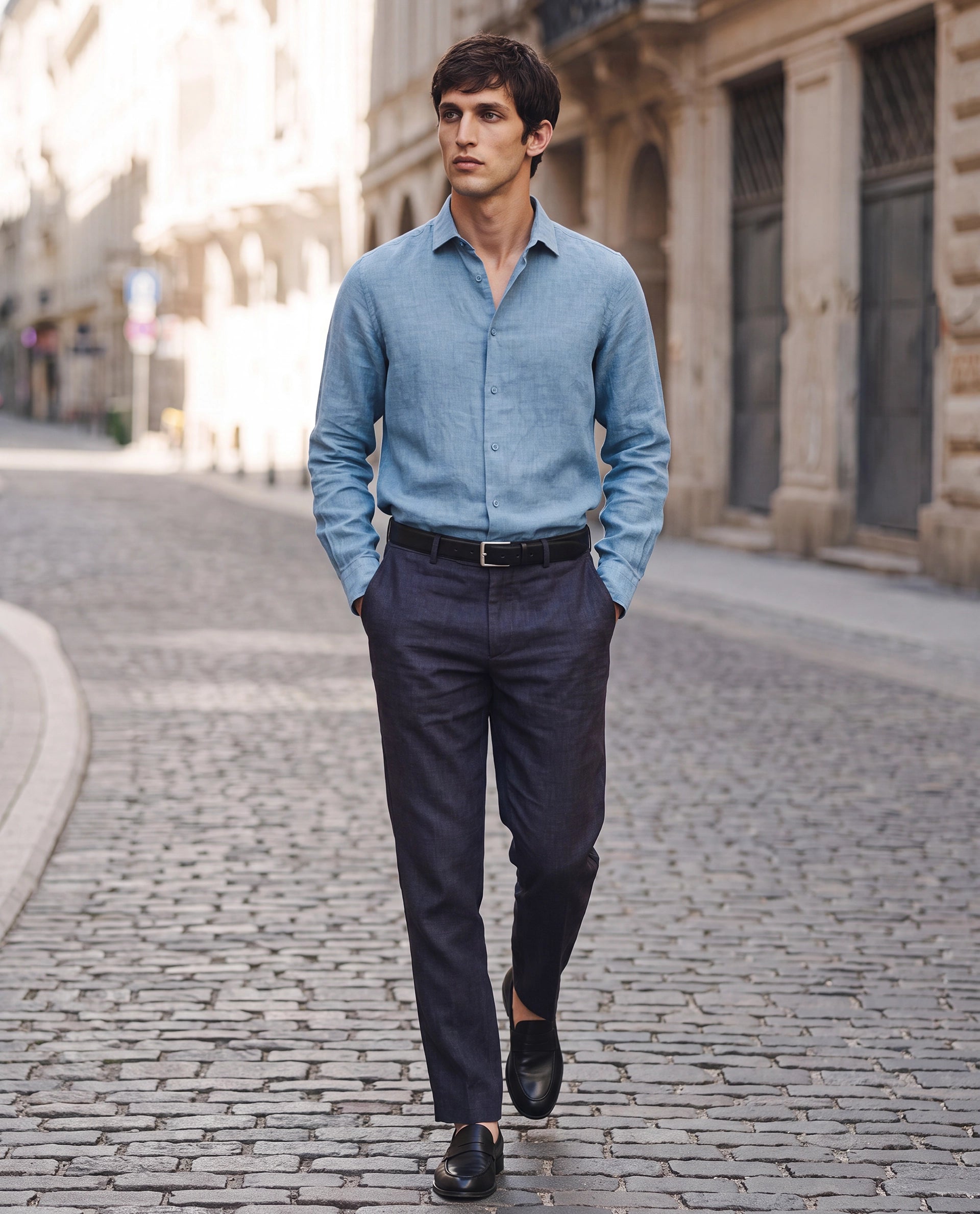 Rare Rabbit Men's Borium-T Dark Blue Linen Fabric Regular Fit Plain Trouser