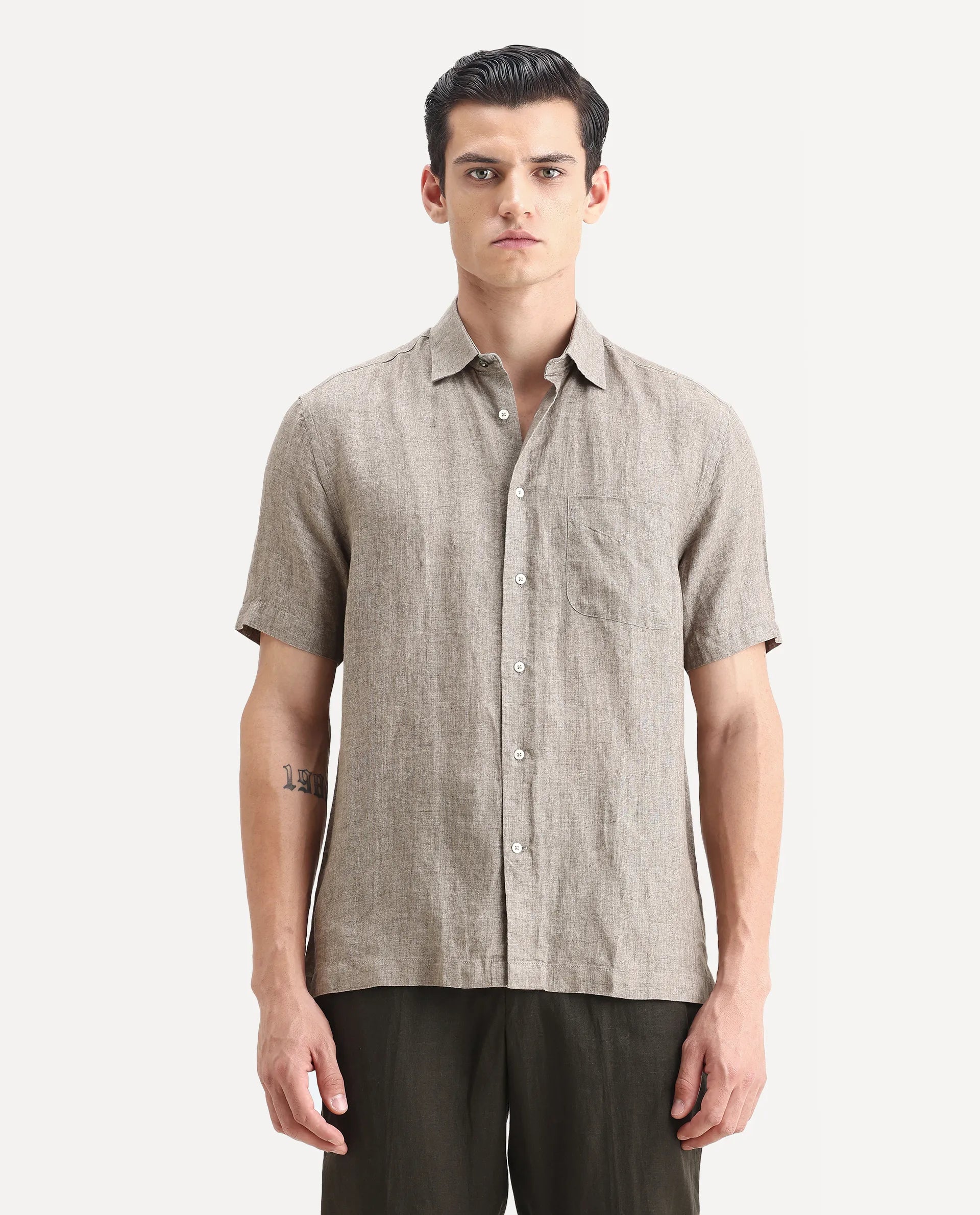 Rare Rabbit Men's Borium Ss-25 Dark Beige Linen Plain Regular Fit Half Sleeve Collared Shirt