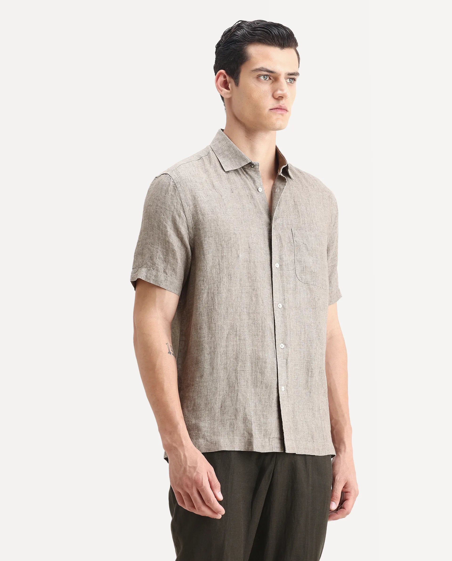 Rare Rabbit Men's Borium Ss-25 Dark Beige Linen Plain Regular Fit Half Sleeve Collared Shirt