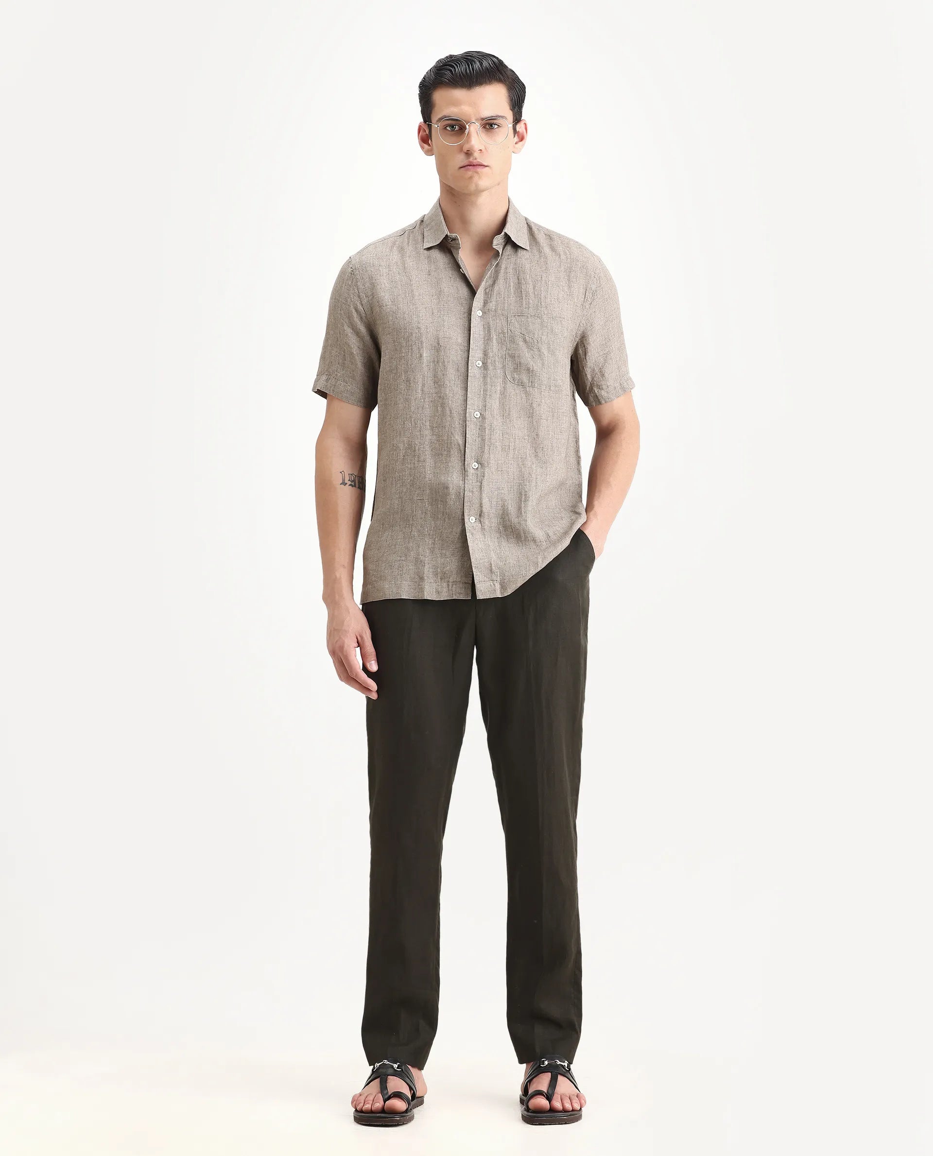 Rare Rabbit Men's Borium Ss-25 Dark Beige Linen Plain Regular Fit Half Sleeve Collared Shirt