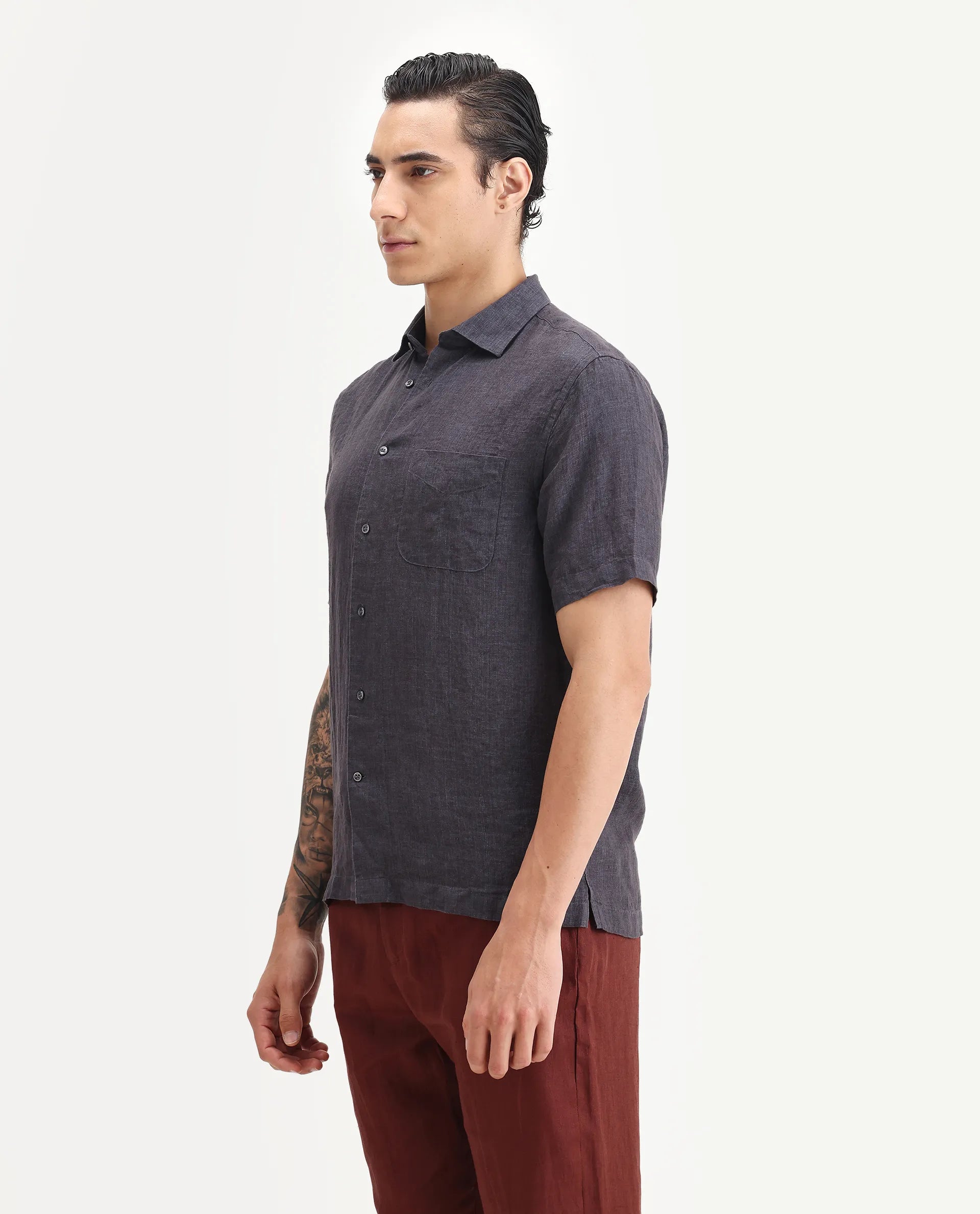 Rare Rabbit Men's Borium Ss-25 Dark Purple Linen Plain Regular Fit Full Sleeve Collared Shirt