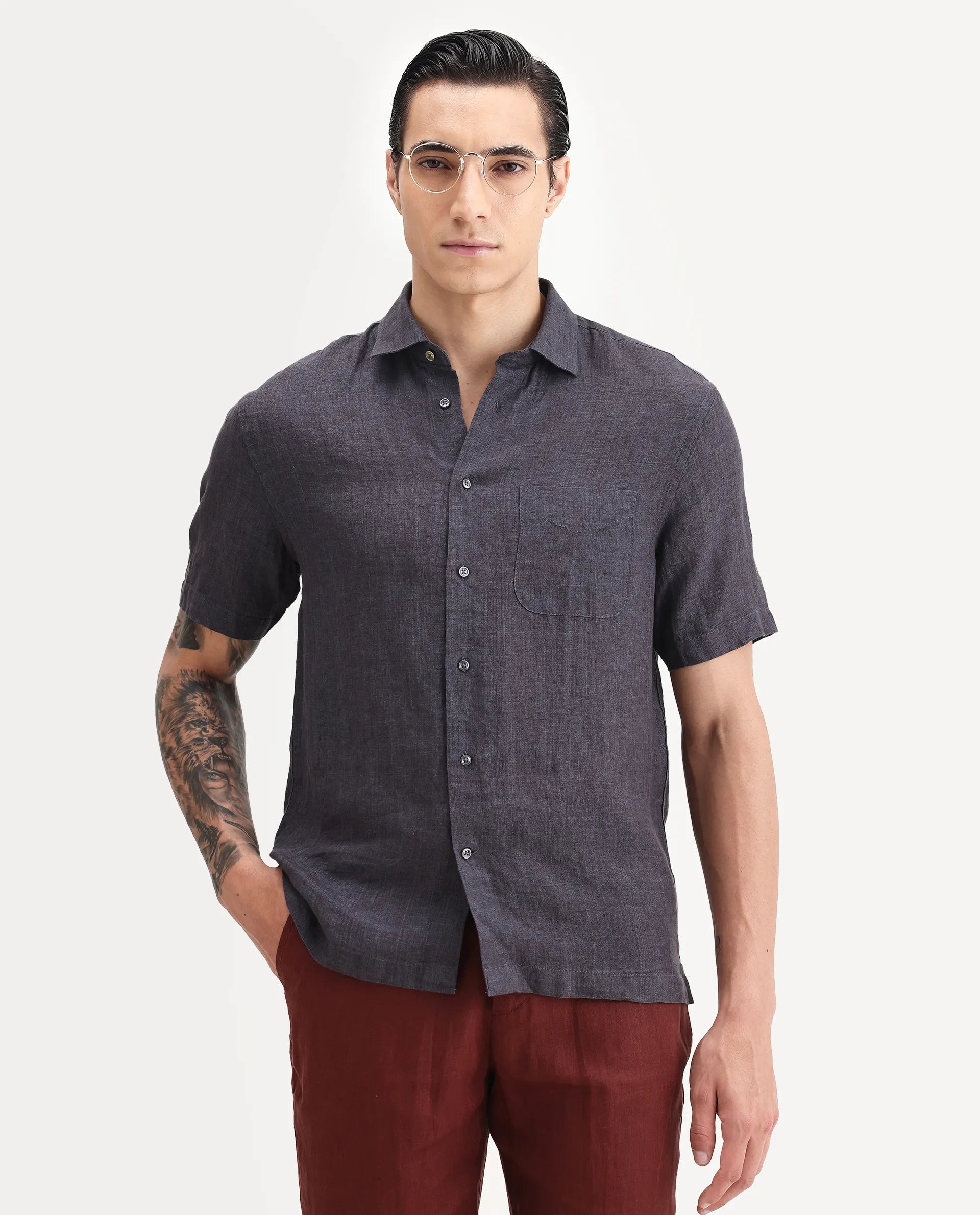 Rare Rabbit Men's Borium Ss-25 Dark Purple Linen Plain Regular Fit Full Sleeve Collared Shirt