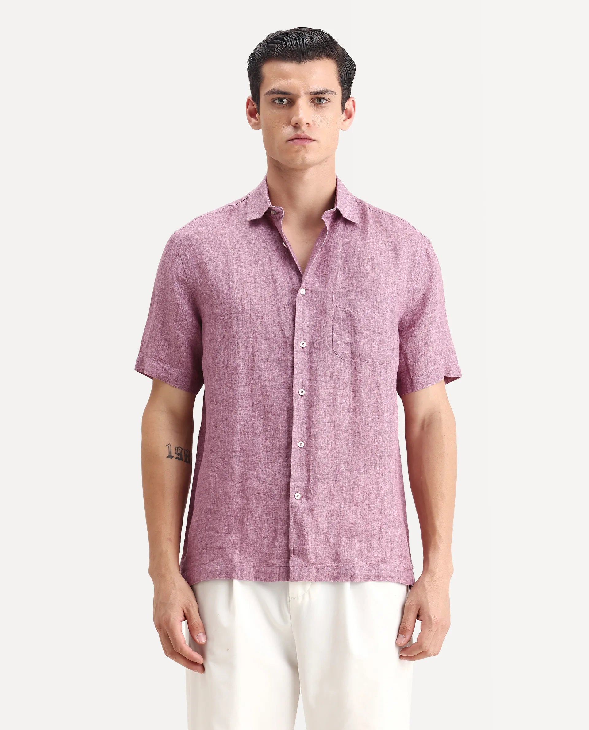 Rare Rabbit Men's Borium Ss-25 Dusky Pink Linen Plain Regular Fit Full Sleeve Collared Shirt