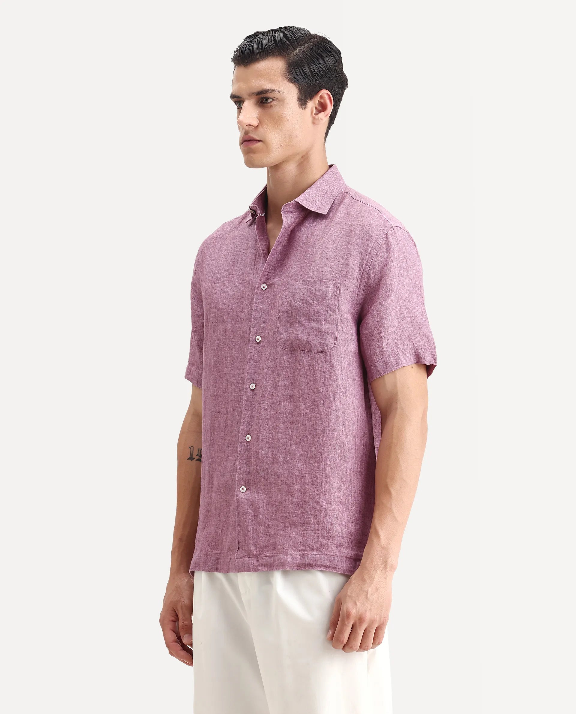 Rare Rabbit Men's Borium Ss-25 Dusky Pink Linen Plain Regular Fit Full Sleeve Collared Shirt