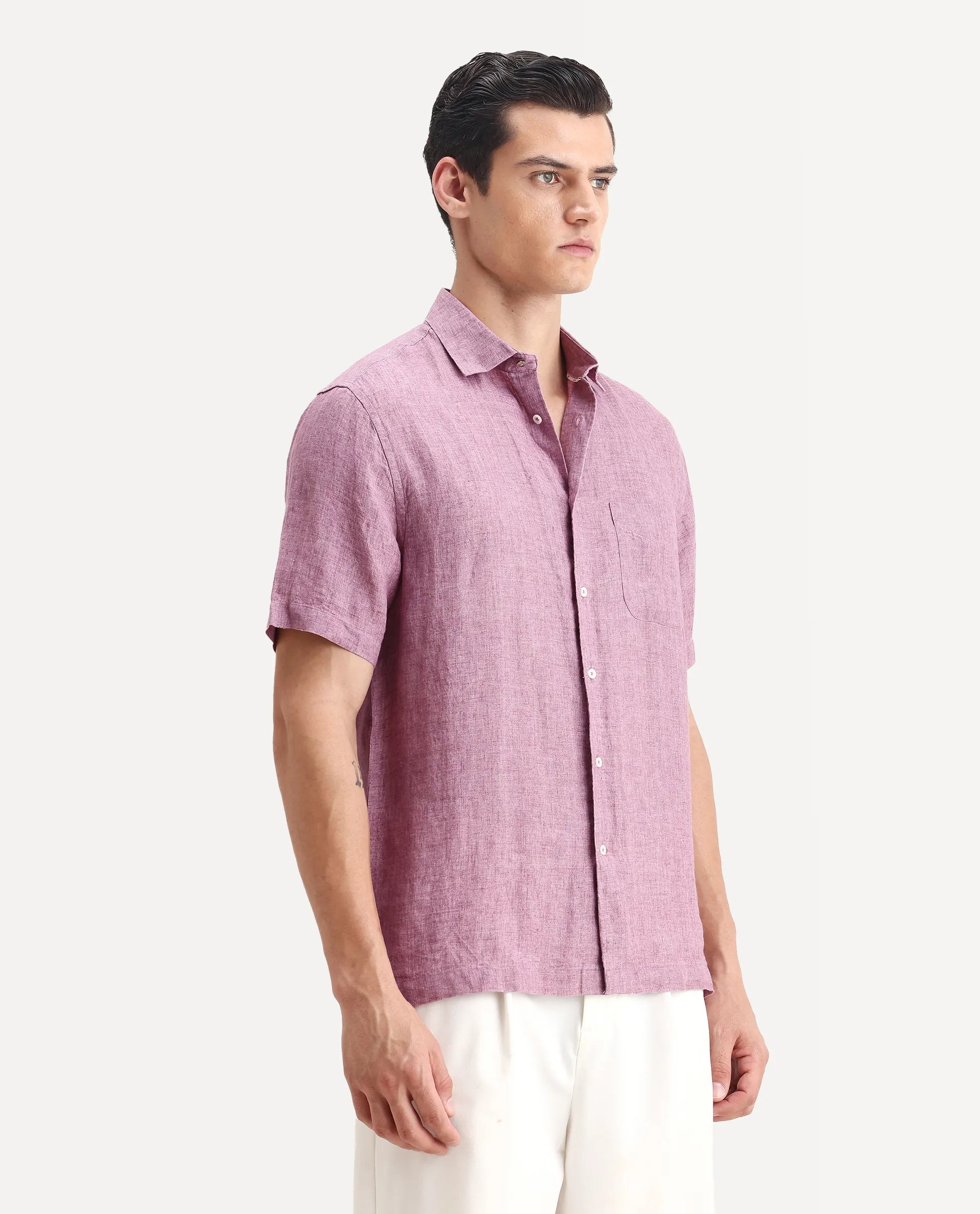 Rare Rabbit Men's Borium Ss-25 Dusky Pink Linen Plain Regular Fit Full Sleeve Collared Shirt