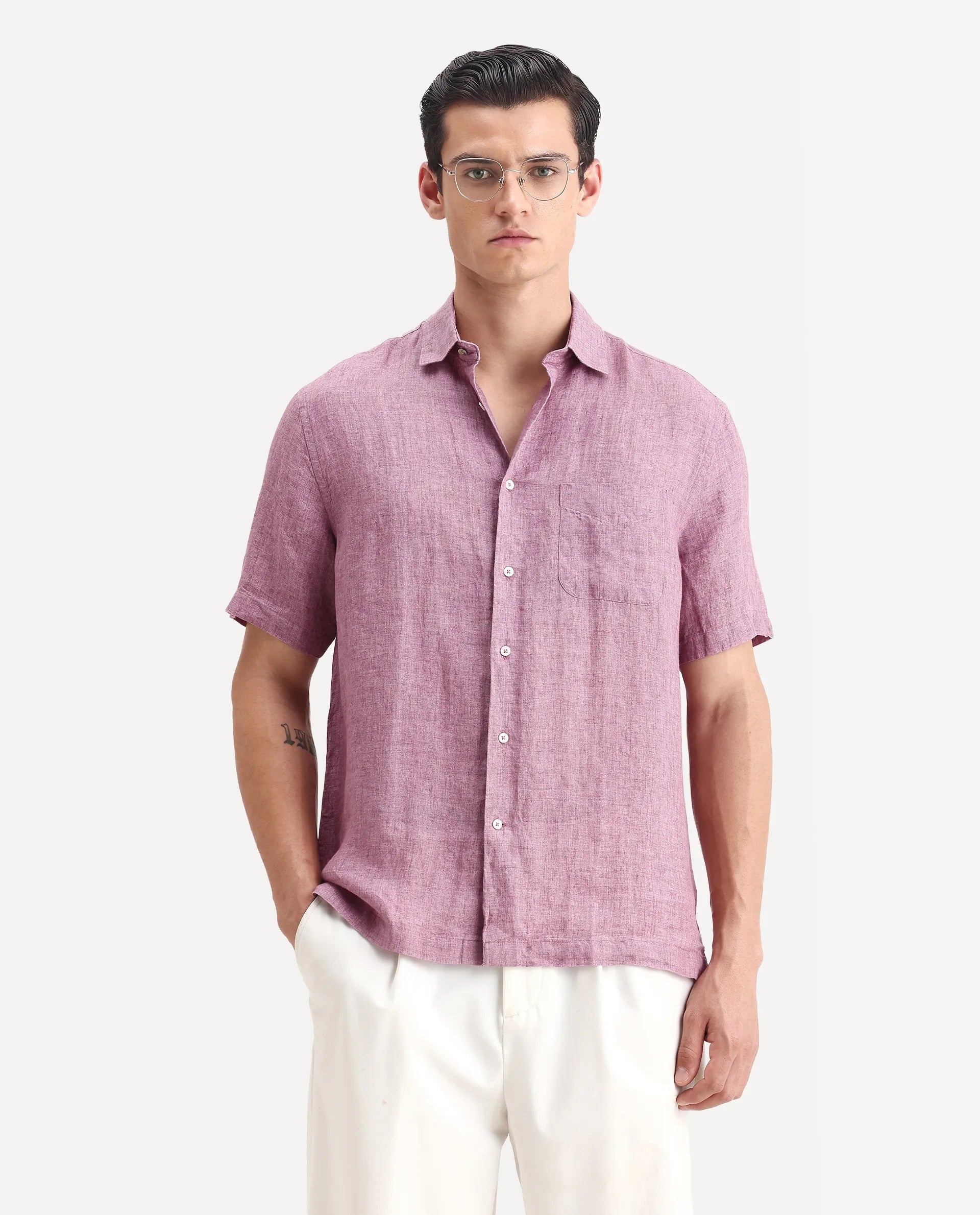 Rare Rabbit Men's Borium Ss-25 Dusky Pink Linen Plain Regular Fit Full Sleeve Collared Shirt