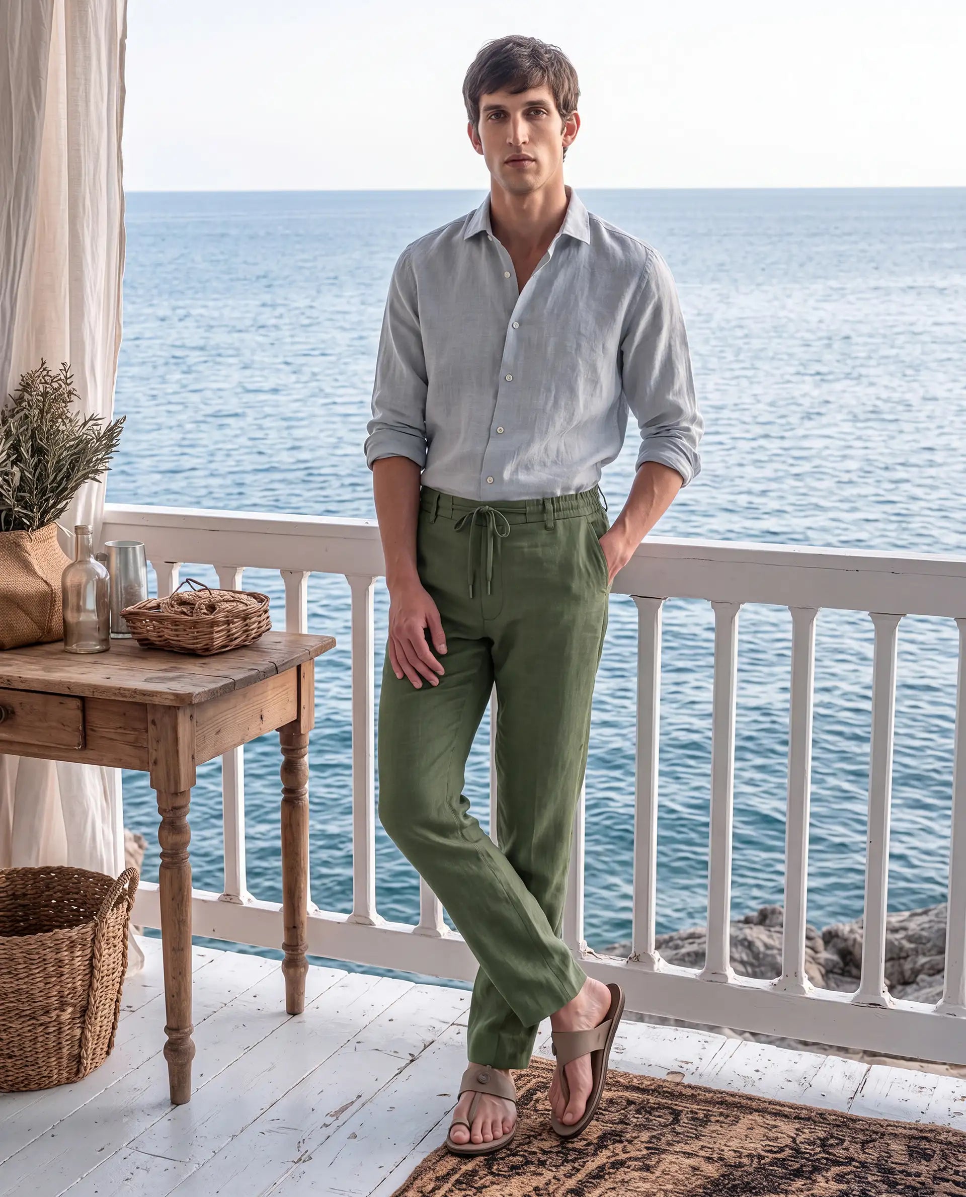 Rare Rabbit Men's Borium-T Dusky Green Linen Fabric Regular Fit Plain Trouser
