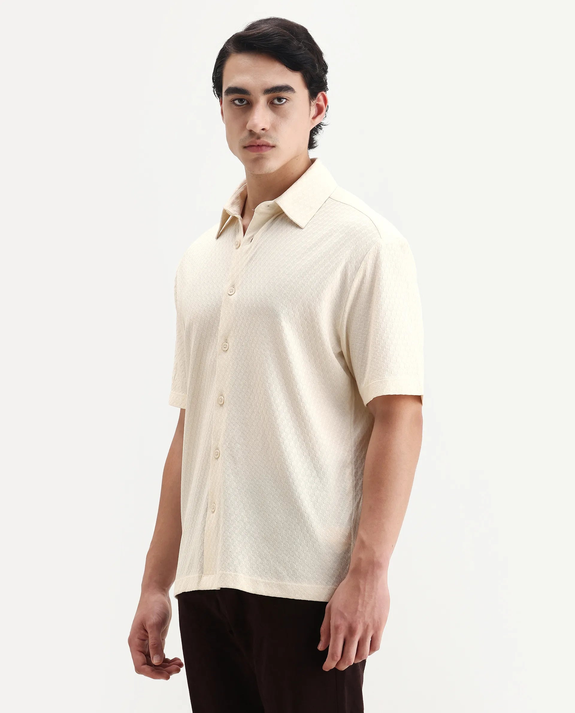 Rare Rabbit Men's Borp Beige Cotton Plain Relaxed Fit Half Sleeve Collared Shirt