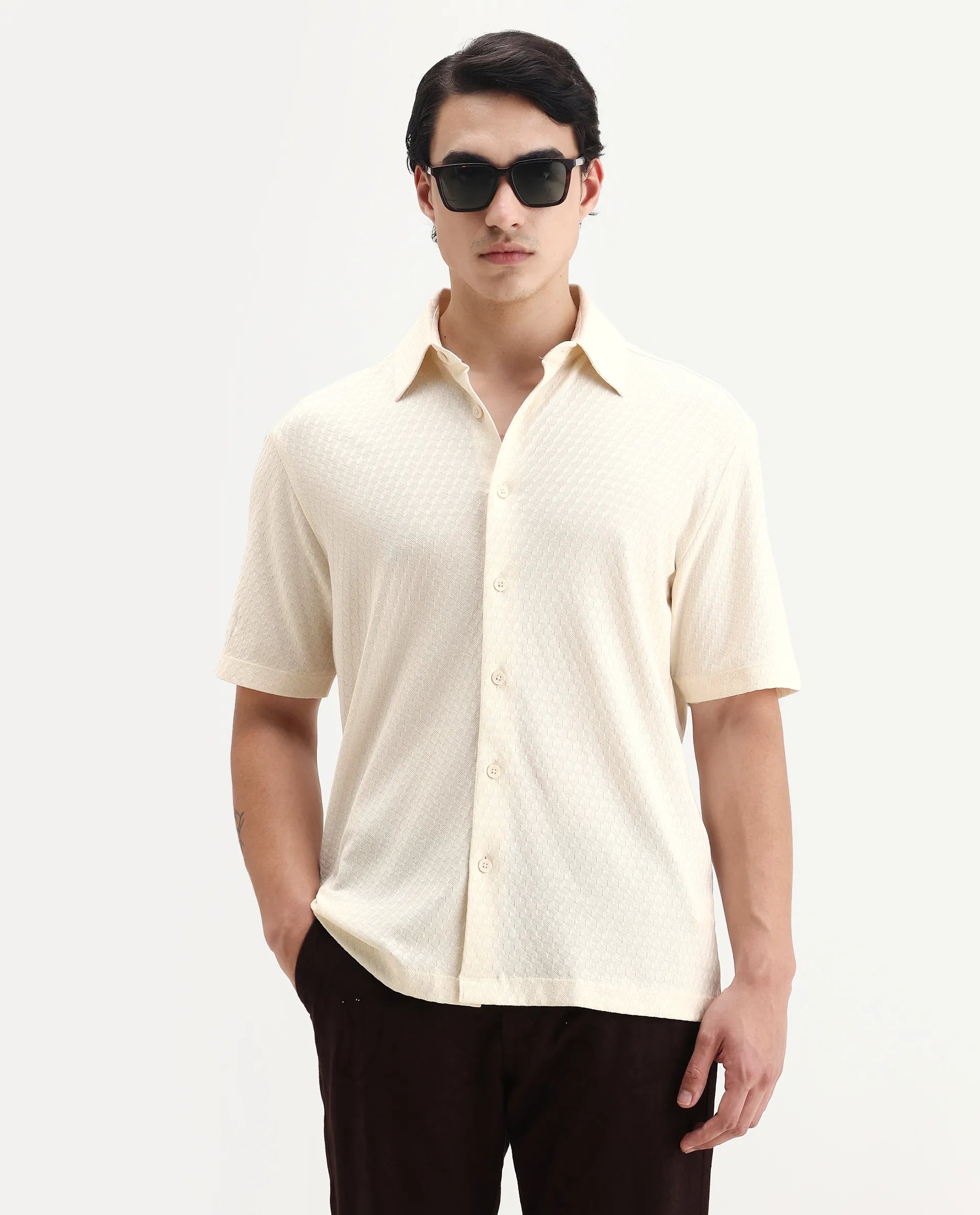 Rare Rabbit Men's Borp Beige Cotton Plain Relaxed Fit Half Sleeve Collared Shirt